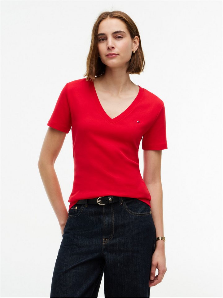 Tommy Hilfiger T-Shirt SLIM CODY V-NECK SHORT SLEEVE aus Baumwolle, Logostickerei, gestreift