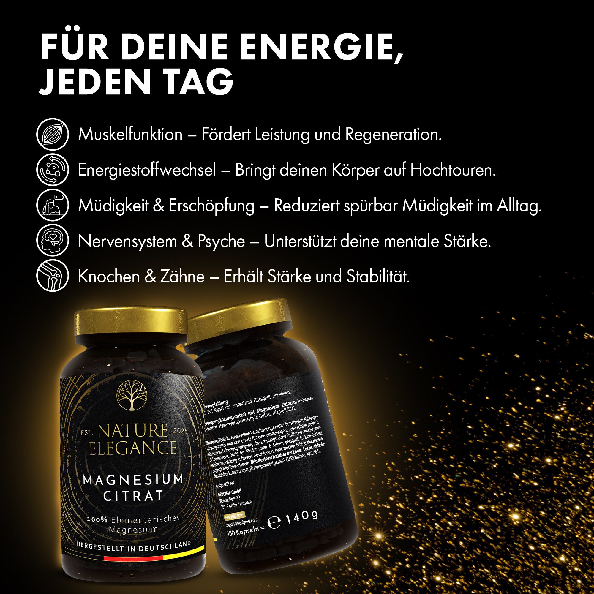 NEOLYMP Magnesiumcitrat Kapseln - 360mg elementares Magnesium pro Dosis Kapseln, 1 er 180 St., Nachhaltige echte Braunglasverpackung - laborgeprüft & magenfreundlich