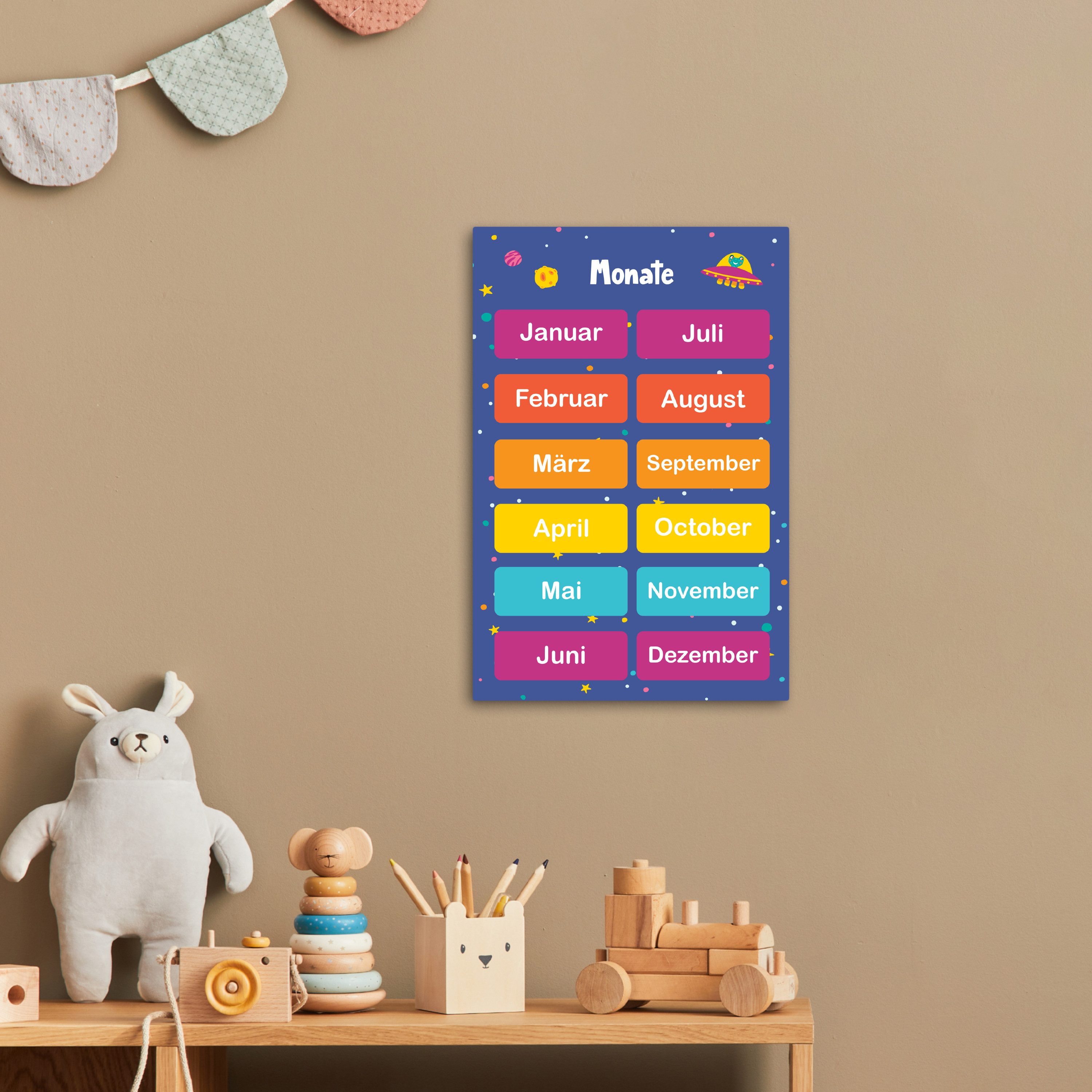OneMillionCanvasses® Leinwandbild Pädagogisch - Monate - Raum - Lernen, Fotodruck (1 St), Kinderzimmer Deko, Mädchen und Jungen Bilder 20x30 cm
