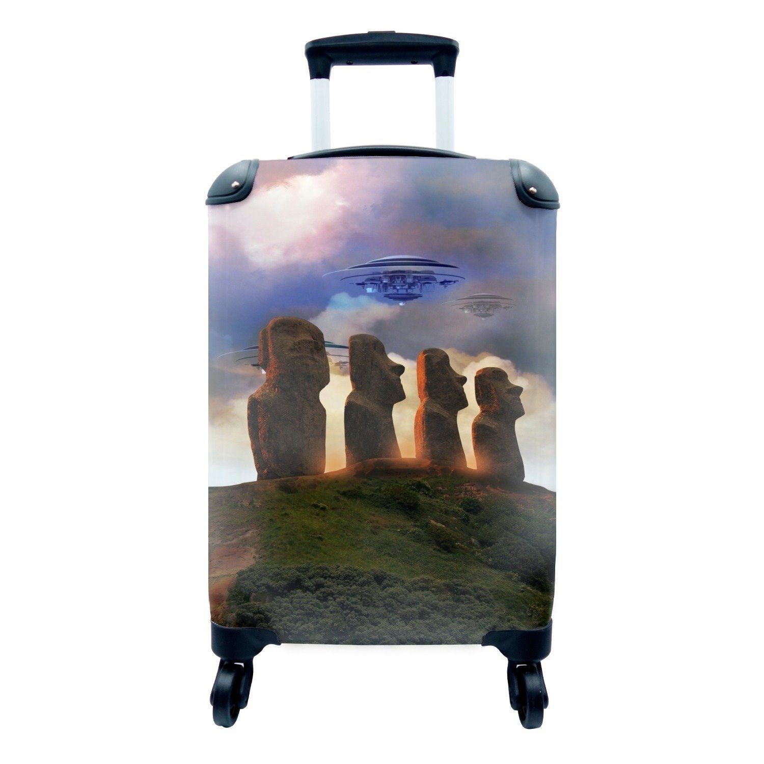MuchoWow Handgepäckkoffer Eine Illustration eines UFOs über der Osterinsel - Jungen - Mädchen -, 4 Rollen, Reisetasche mit rollen, Handgepäck für Ferien, Trolley, Reisekoffer