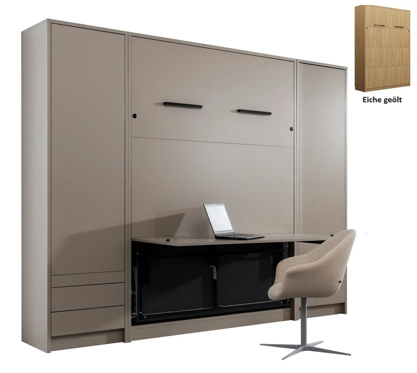 QMM TraumMöbel Schrankbett Wandbett GN 140x200 mit Schreibtisch & 2 Schränken (Set) vertikal klappbar