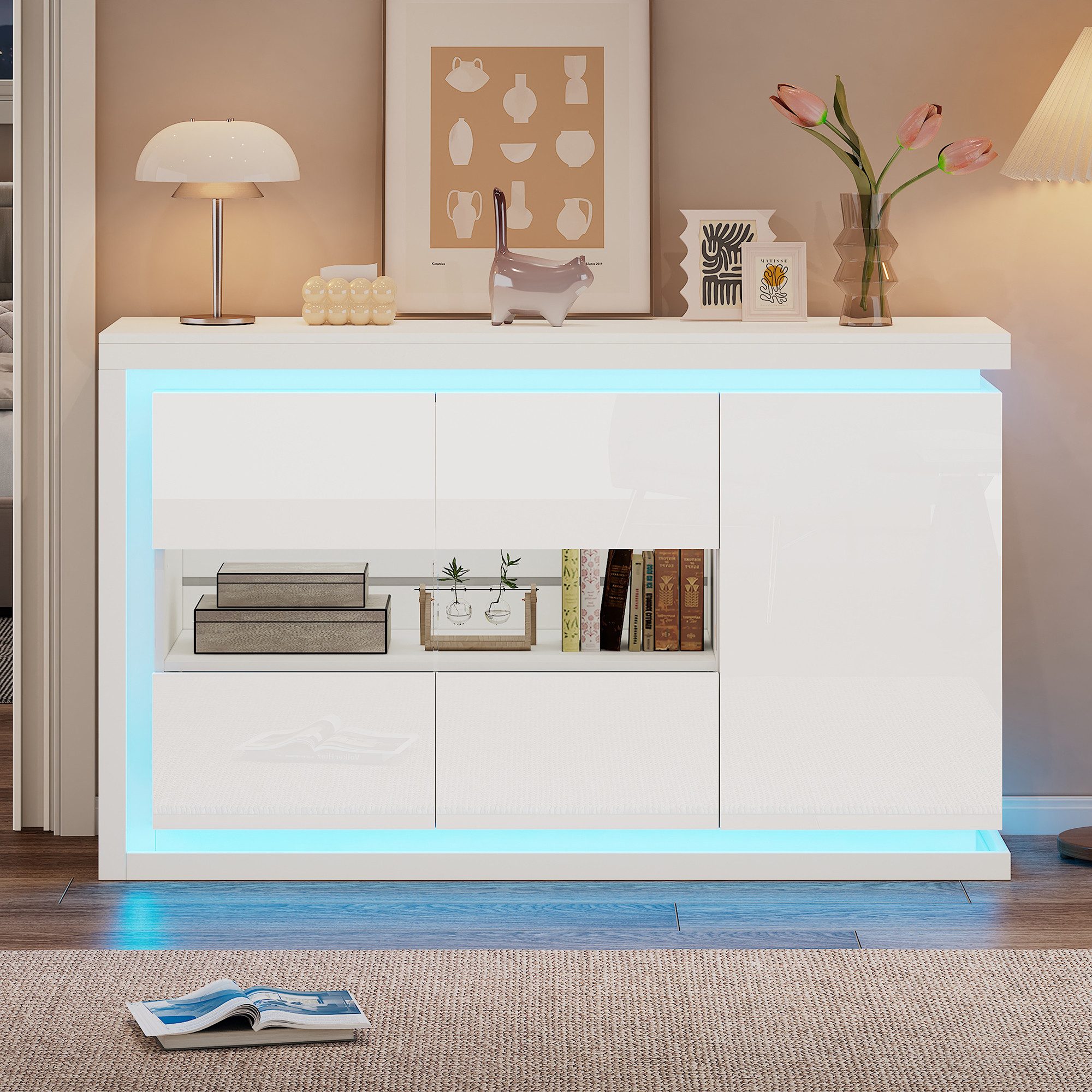 Merax Sideboard hochglanz Weiß Buffetschrank mit LED- Beleuchtung (1 St), Kommode Anrichte mit 3 Türen & verstellbaren Einlegeböden, 140x40x84cm