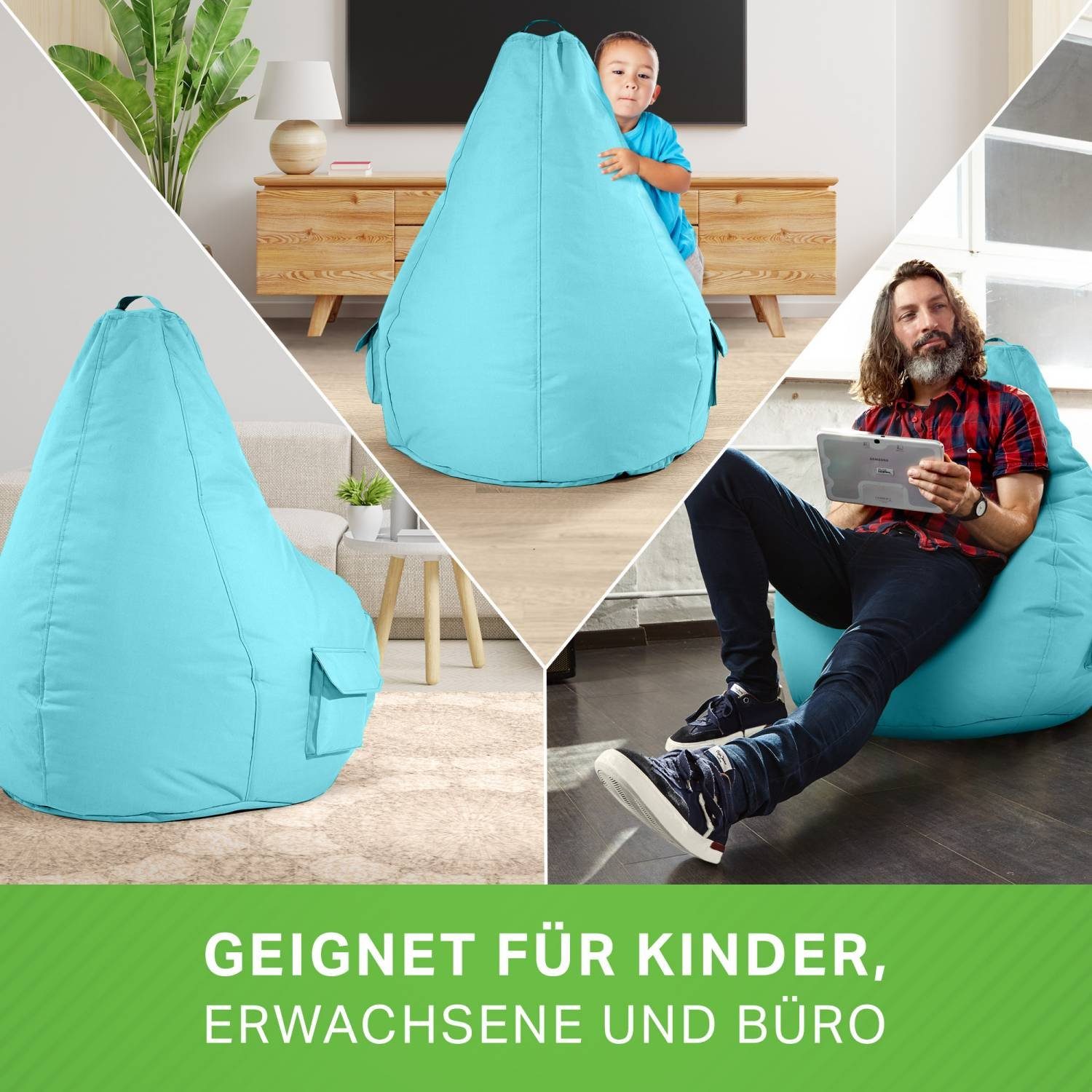 Green Bean Sitzsack Gaming Sitzsack + Hocker Cozy+Cube (2er Set Sitzsack + Hocker - fertig befüllt - robust waschbar schmutzabweisend -, Kinder & Erwachsene Bean Bag Bodenkissen), Lounge Sitzhocker Relax-Sessel Gamer Gamingstuhl Pouf