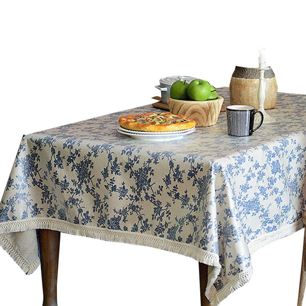 FELIXLEO Tischdecke Tablecloth Embroidered Blue Border Kitchen 150x150cm Tablecloth Lace