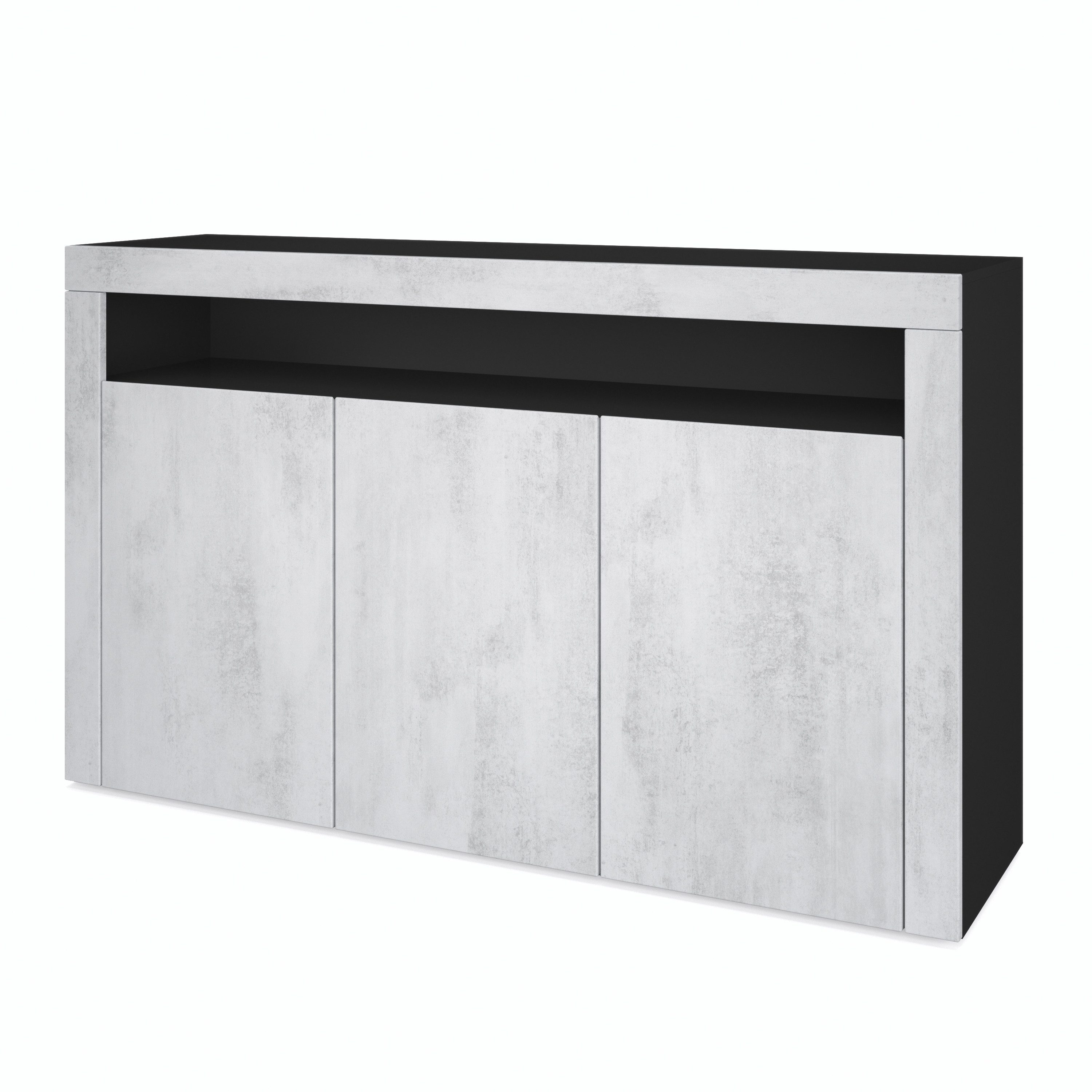 Vladon Sideboard Valencia (Sideboard, mit 3 Türen und 1 offenem Fach), Schwarz matt/Beton Oxid Optik/Beton Oxid Optik (155 x 92 x 40 cm)