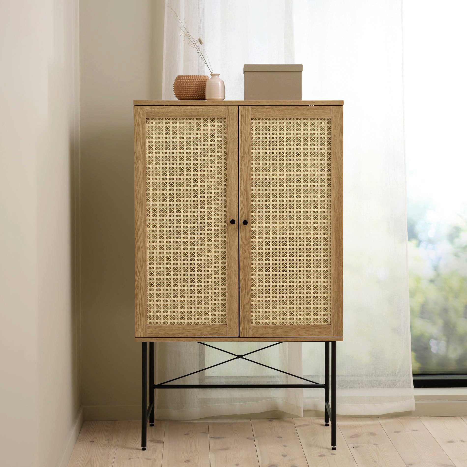 Selsey Highboard MOGEST, Highboard mit 2 Türen, Technorattan-Geflecht, Beige
