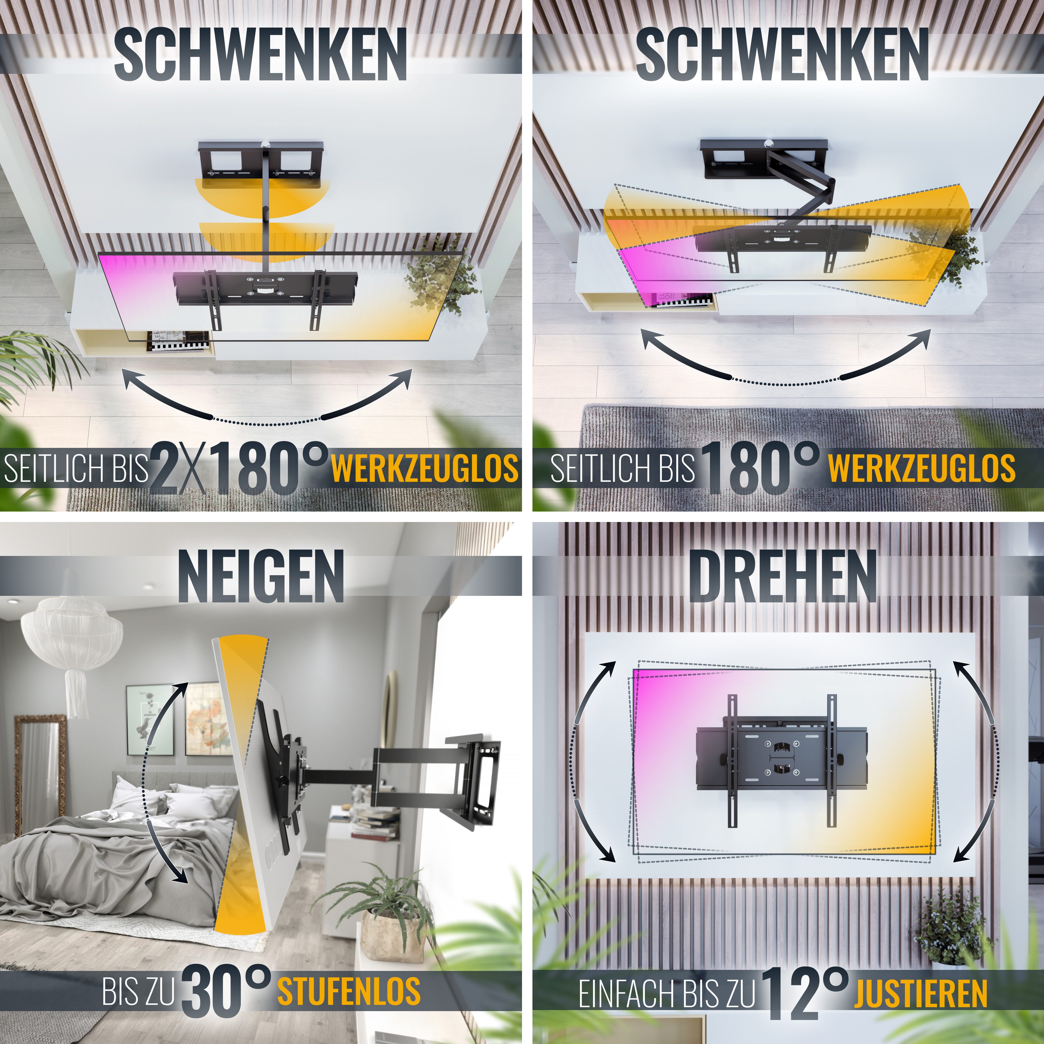 RICOO TV-Wandhalterung TV Wandhalterung Schwenkbar Neigbar bis 95 Kg R03, (bis 65 Zoll, VESA 200x200 bis 500x400, 1-tlg., 95 Kg Belastbarkeit, von 76-165cm (30"-65) Bildschirm-Diagonale, bis 180° schwenkbar bis 30° neigbar 117mm - 553mm ausziehbar)