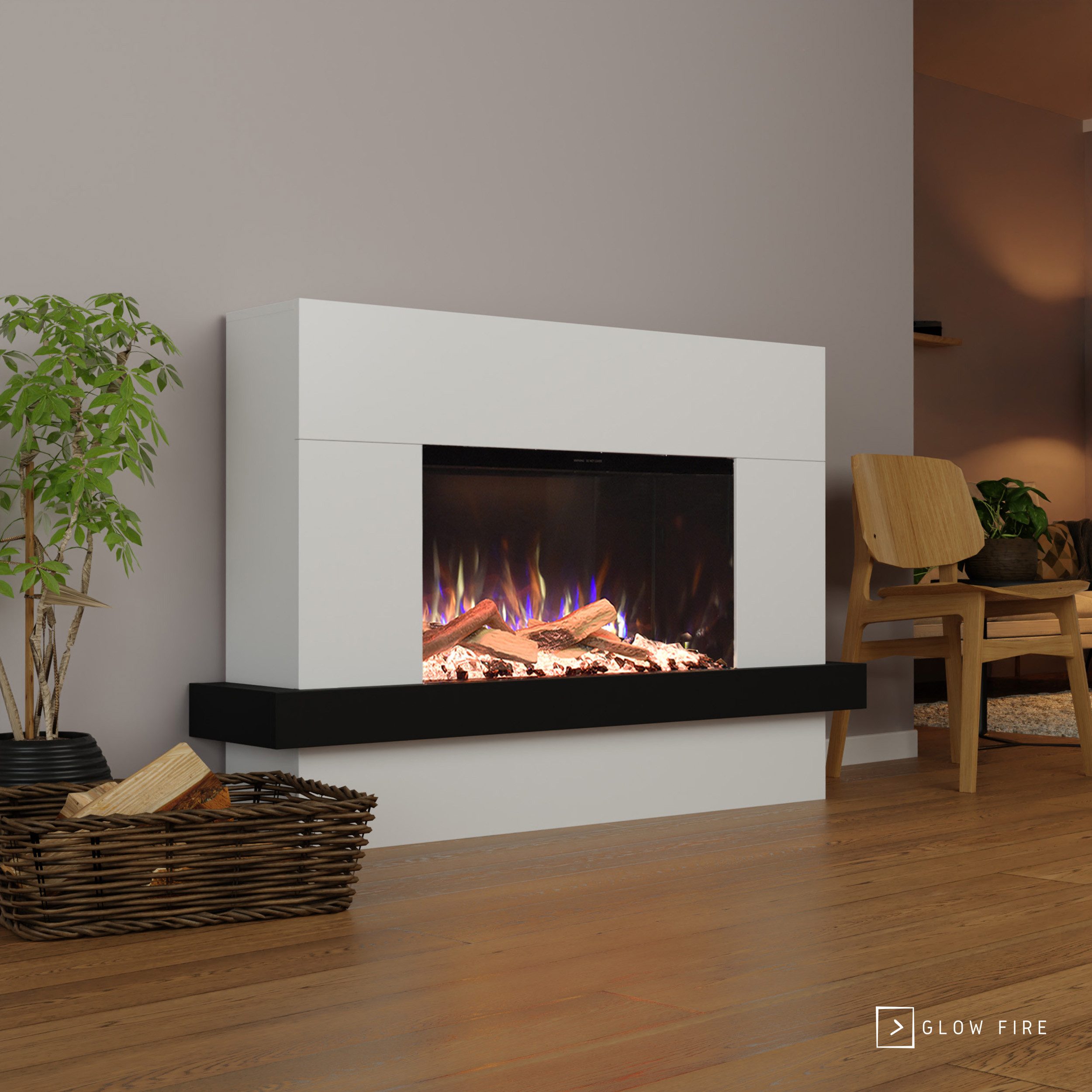 GLOW FIRE Elektrokamin PR9 E-Motion 3D, Elektrischer Kamin mit 3D Feuer mit Heizung, täuschend echte Flamme mit Heizung, 3 Dekorationen