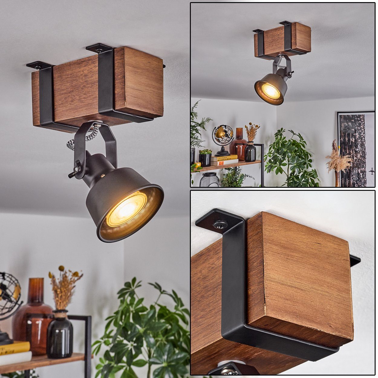 Schirm, Schwarz/Dunkelbraun, Leuchtmittel, ohne Wandleuchte Leuchtmittel moderne ohne in verstellbarem mit 1x Metall/Holz Wandlampe aus hofstein GU10