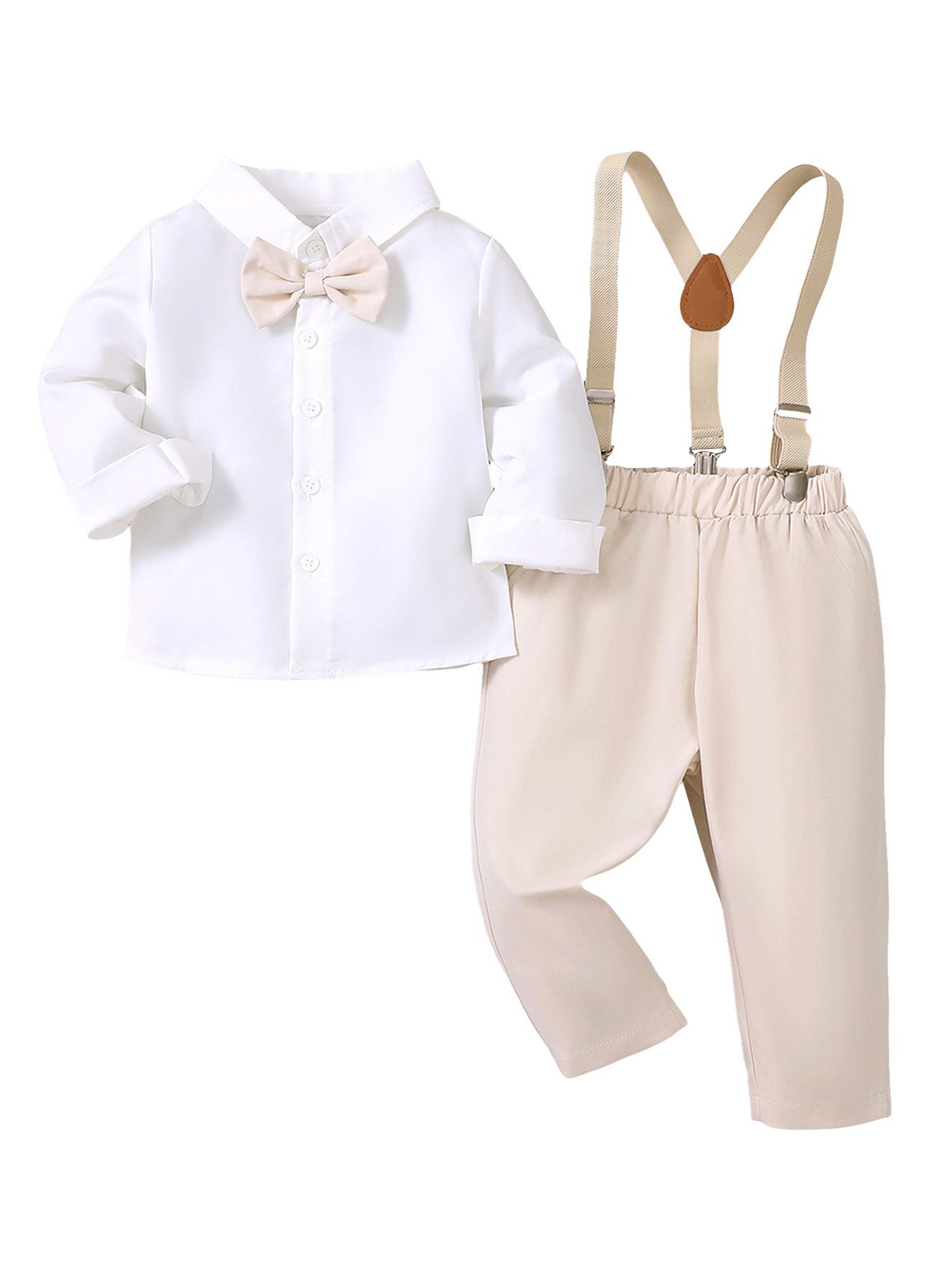 Gluckids Shirt & Hose Zweiteiliges Gentleman-Set für Jungen: Langarmhemd + Latzhose (2-tlg, Langärmeliges Hemd + einfarbige Latzhose) Mit verstellbarem Schultergurt