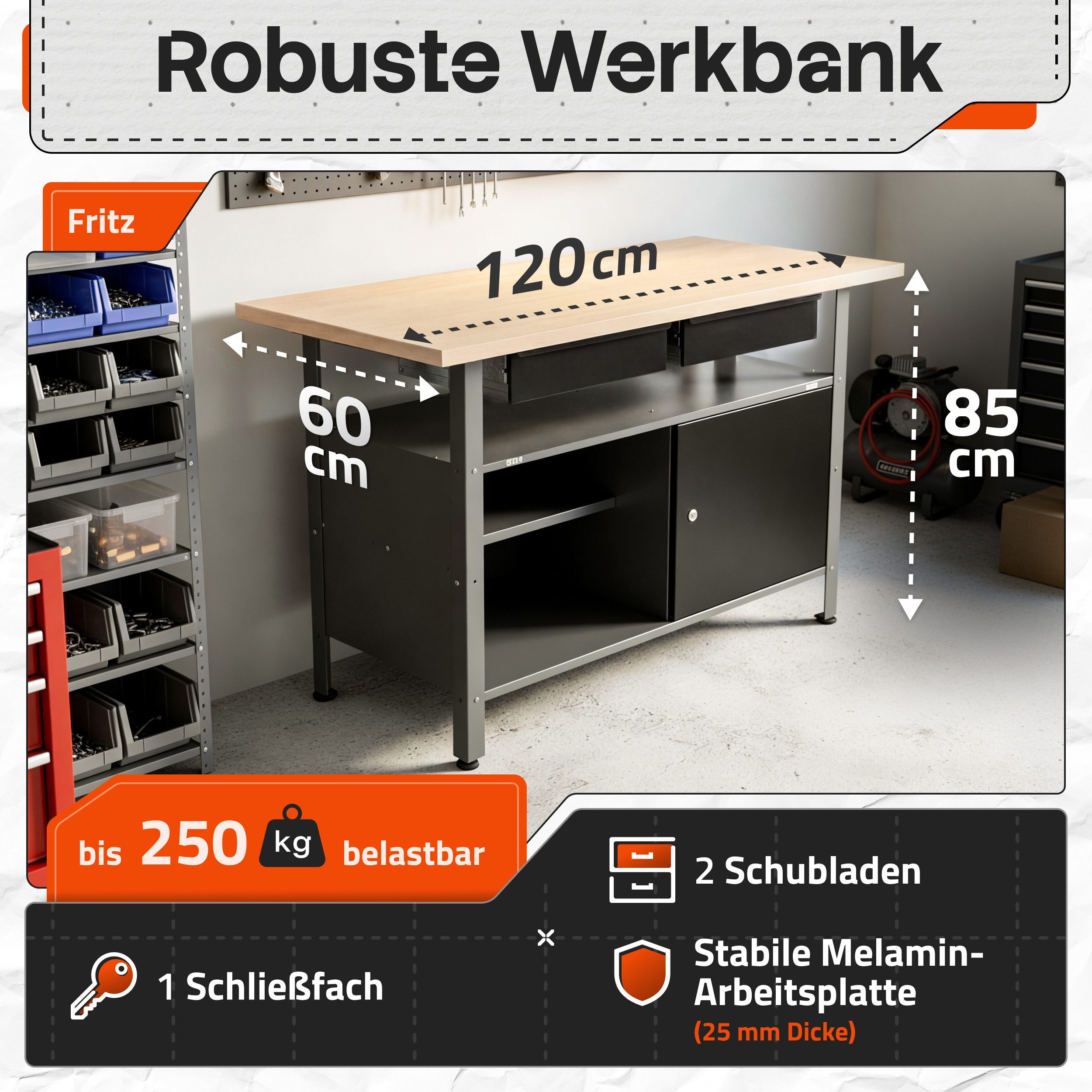 ONDIS24 Werkbank Werktisch Fritz - höhenverstellbare Füße, 2 Schubladen, Metall, 120x60x85(H) cm, abschließbare Tür, belastbar Bis 250kg