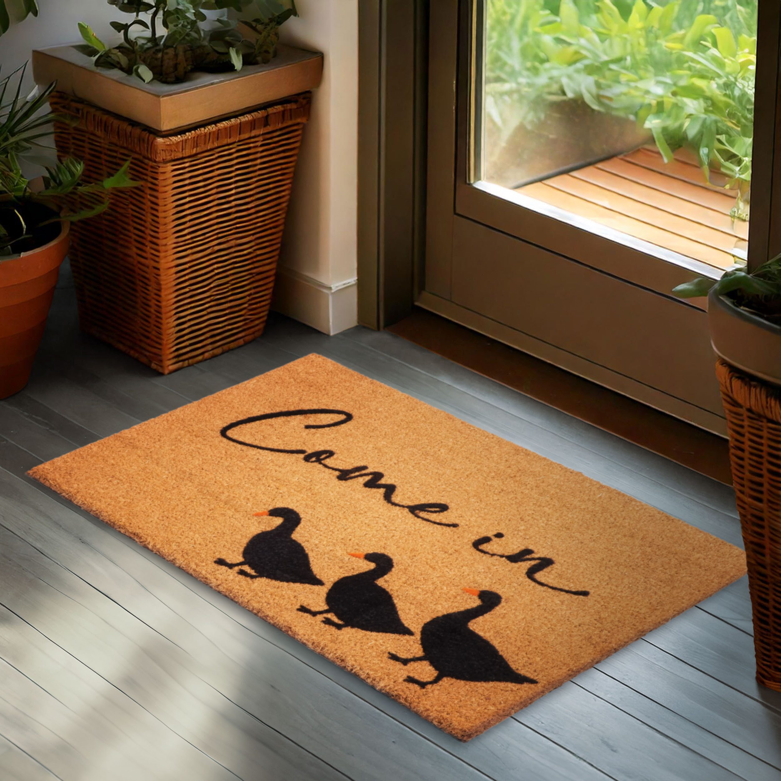 BRUBAKER Fußmatte Come In - 45 x 75 cm Schmutzfangmatte mit Gänsen - Braun, Rechteckig, Höhe: 16 mm, Fußmatte für Außen und Innen aus Kokos - Wetterfest und Rutschfest