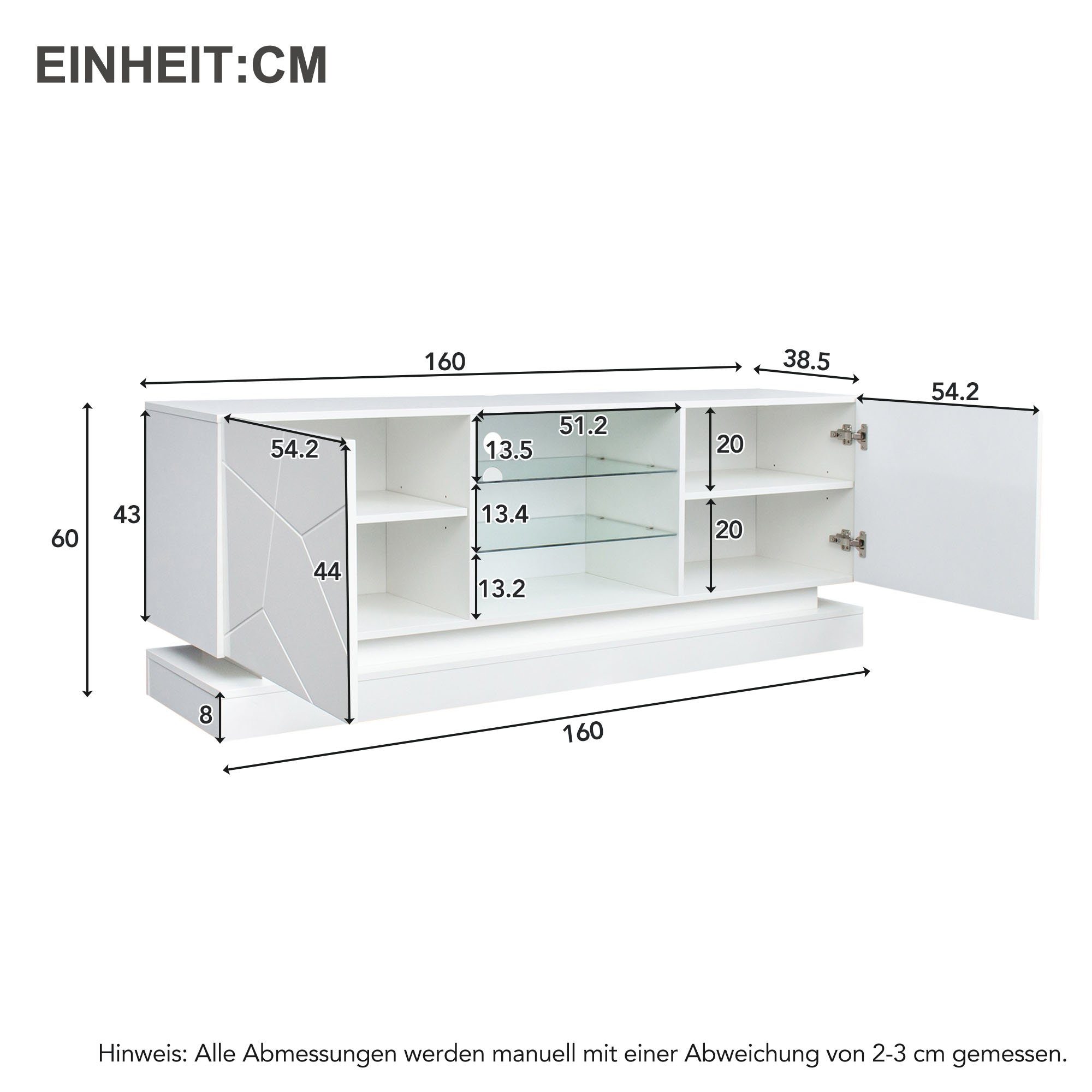 Sideboard Verstellbare TV-Schrank Lowboard Weiß Hochglanz Glasablage Odikalo Schrank