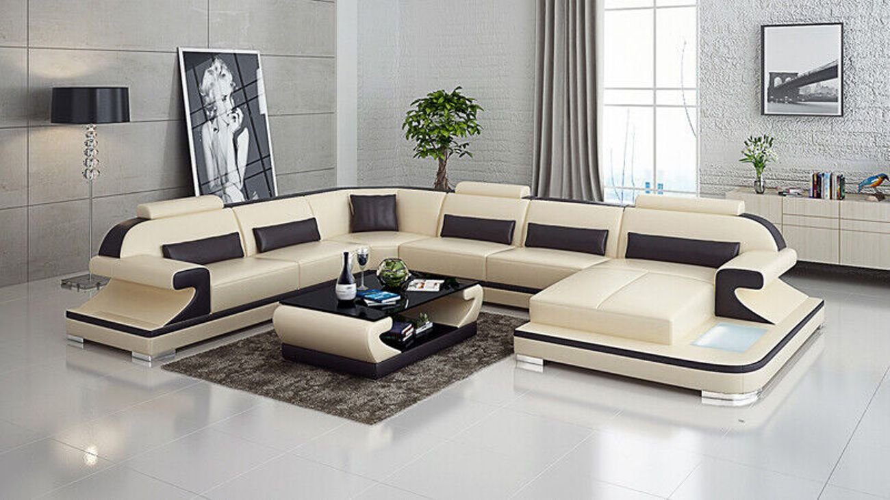 JVmoebel Ecksofa Ledersofa Couch Wohnlandschaft Ecksofa Garnitur Modern Sofa mit USB Beige
