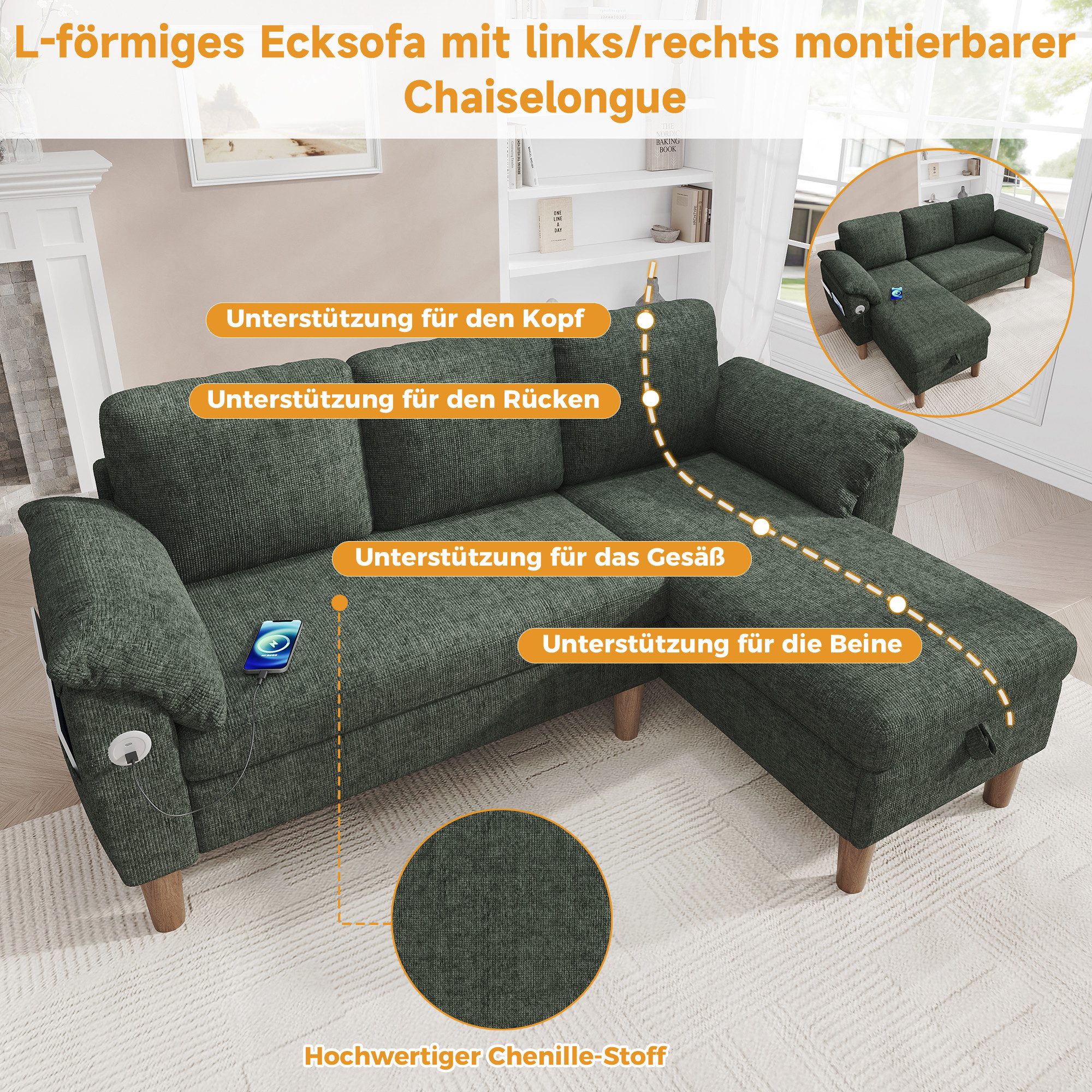 Merax Ecksofa L-förmiges Sofa mit Stauraum-Chaiselongue, links oder rechts montierbar, Couch, Schlafsofa 1 Teile, 3-Sitzer-Sofa mit USB & Type-C Ladeanschluss,  – Bild 4 von 5