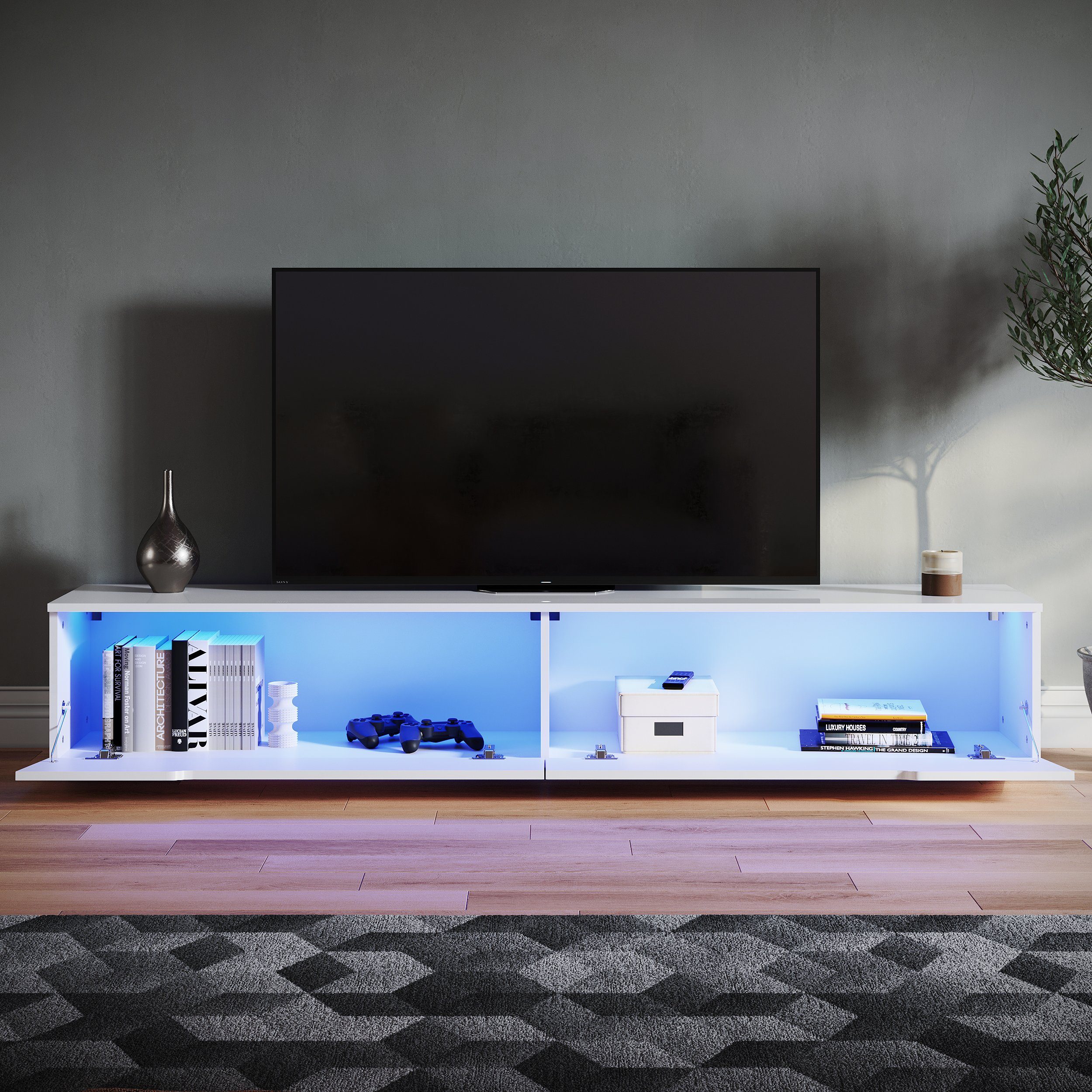 SONNI TV-Schrank Ein weißer, hängender LED-Lichteffekten.160/180x35x30cm mit TV-Schrank