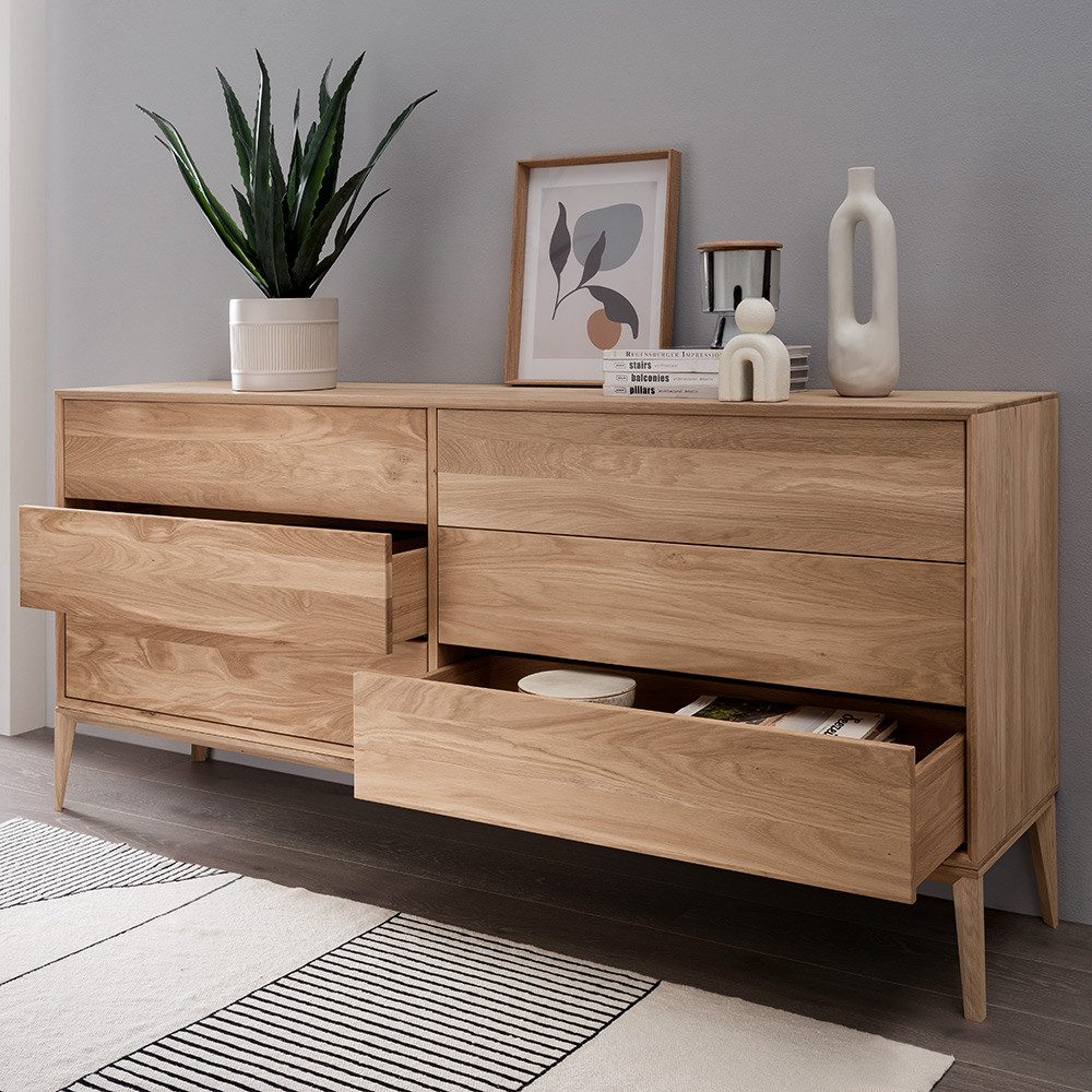 Lomadox Kommode CUNEO-137, Massivholz Eiche bianco massiv 6 Schubladen 177,7x81,9x41,5 cm