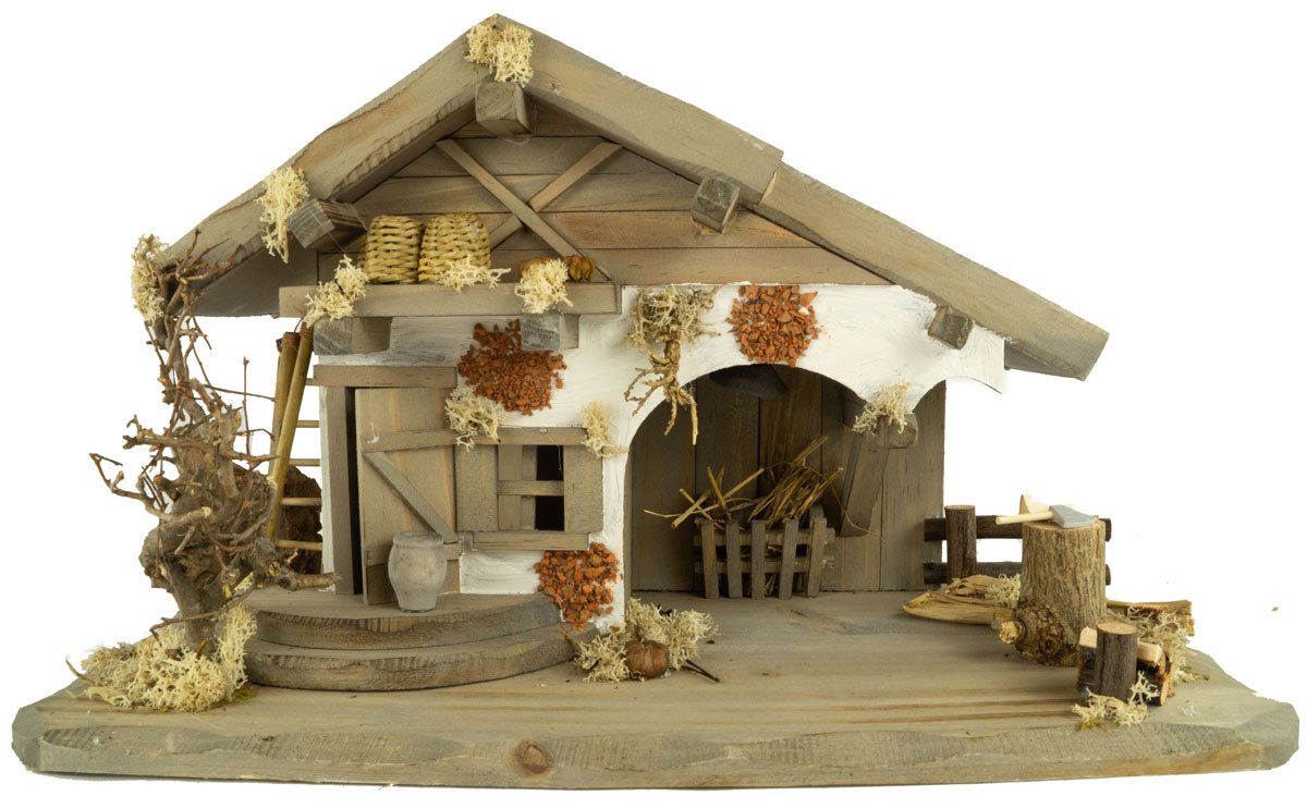 Krippenursel Krippe Weihnachtskrippe Moorsbrunn inkl. 12-tlg. Figurensatz F 650-7 (12-tlg), Handbemalte Figuren,detailliert gestaltetes Krippenhaus