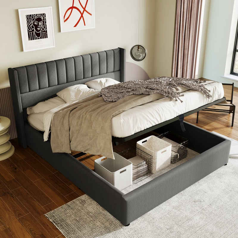 OKWISH Polsterbett Stauraumbett Doppelbett (140x200cm Grau Leinen ohne Matratze), Bett mit Lattenrost aus Metallrahmen, Lattenrost aus Holz