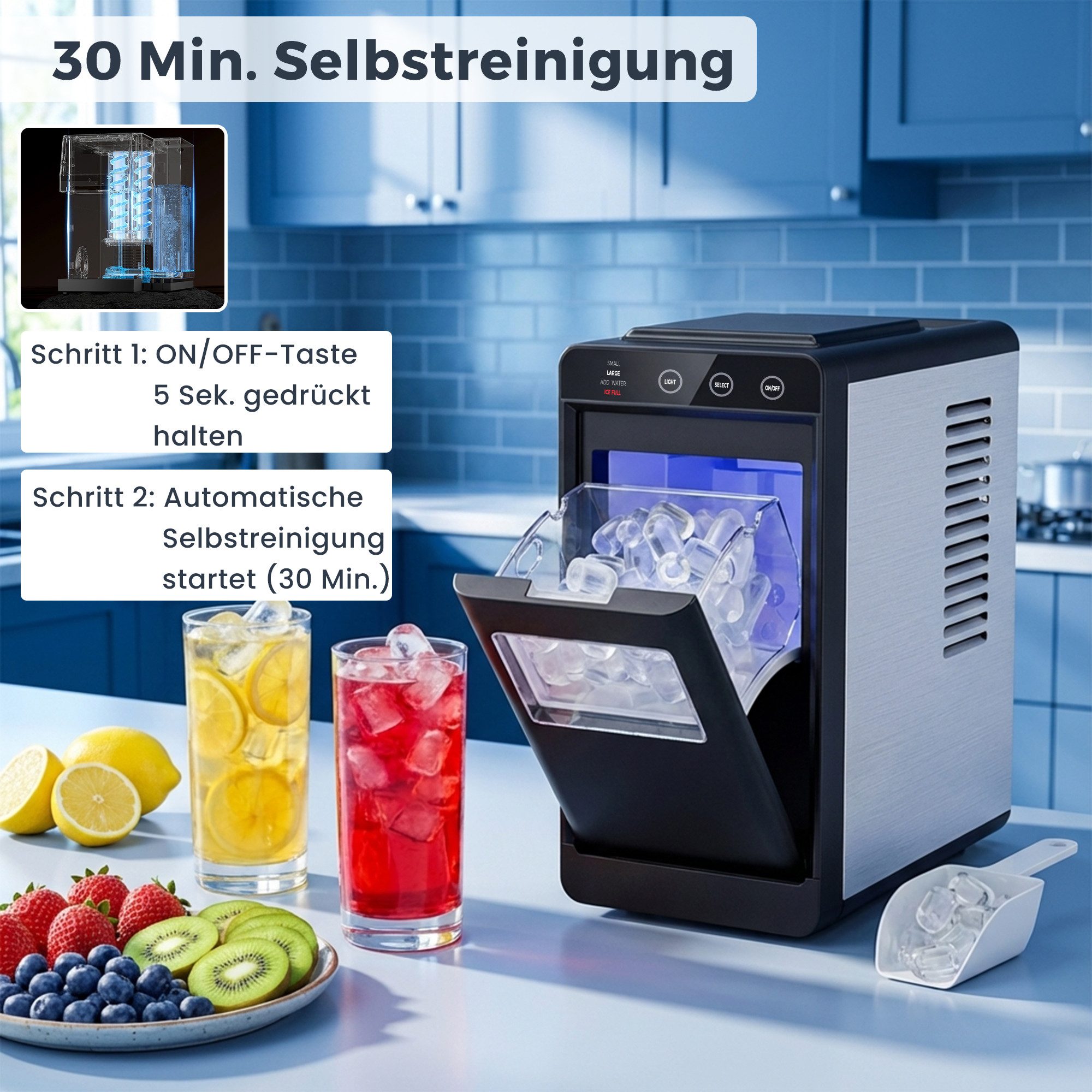 Rebonique Eiswürfelmaschine 12kg/24H mit Selbstreinigung, LED-Anzeige, 2 Eiswürfelgrößen Edelstahl, 0,8-l-Wassertank, Eisbereitungszeit: 6–8 Minuten, Eisschaufel