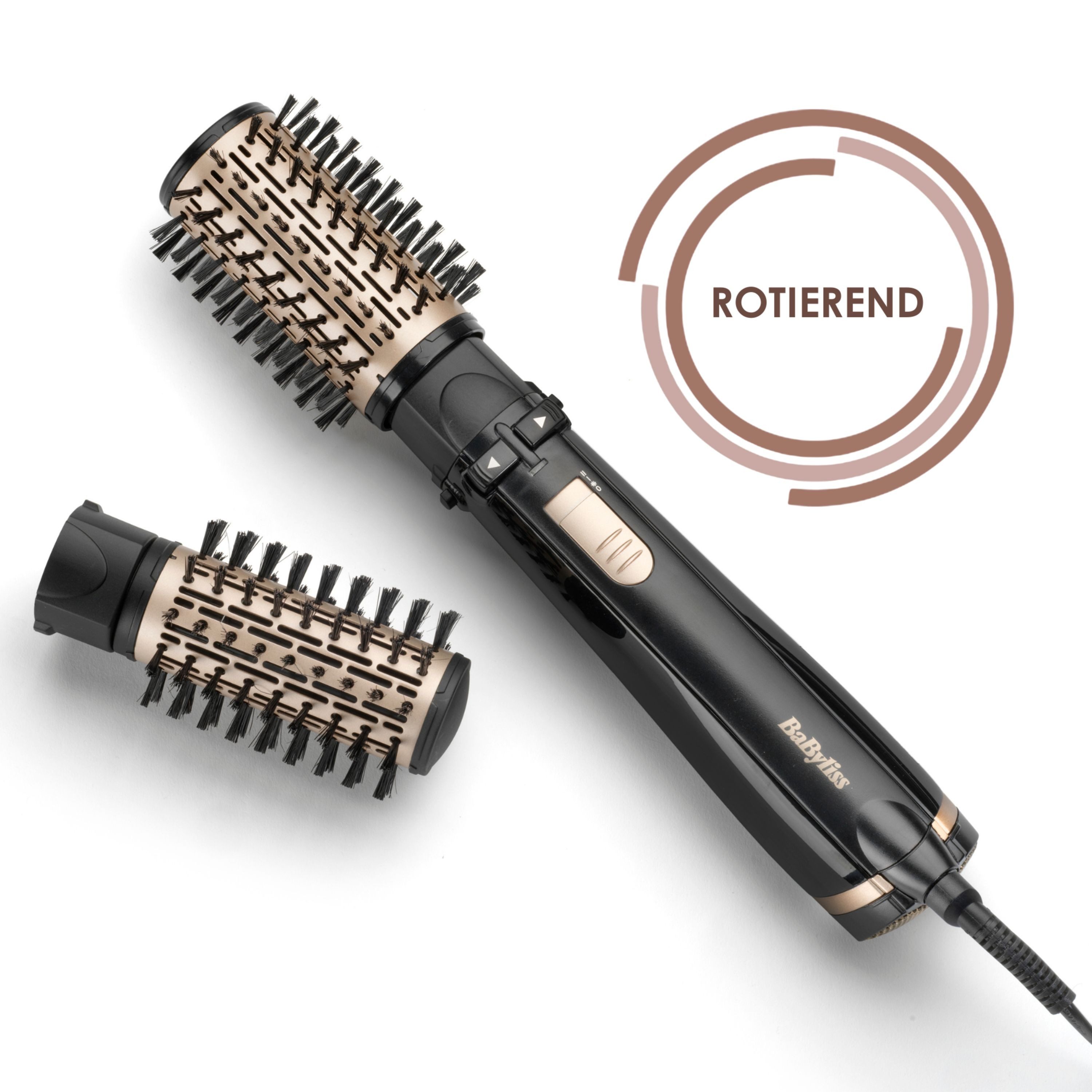 BaByliss Warmluftbürste BaByliss Big Hair 1000 Warmluftbürste rotierend, AS962E, Rotierender Rundbürstenföhn mit Ionen, 2 Aufsätze für Volumen, 1000 W