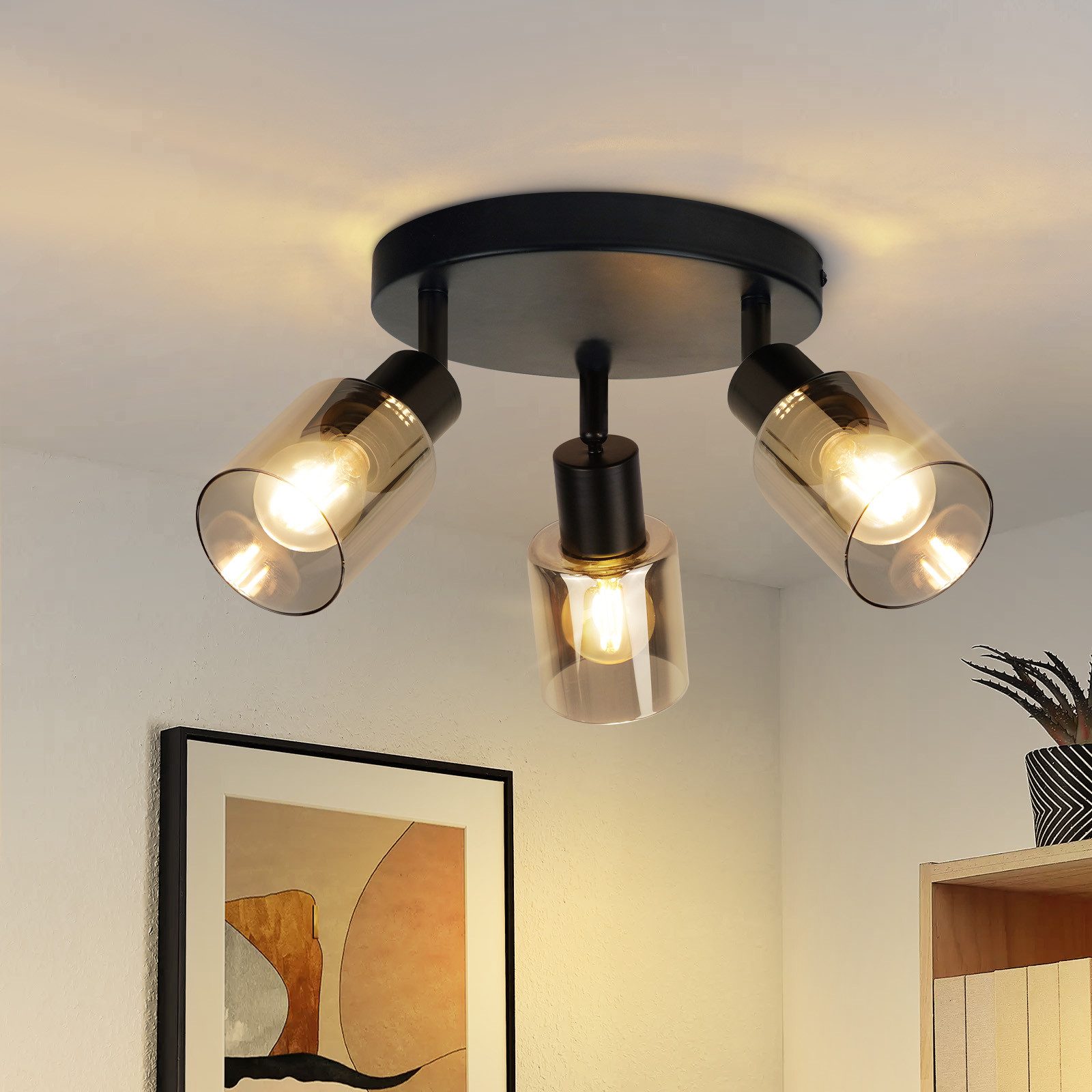 Nettlife Deckenstrahler Schwarz Vintage Glas E14 3 flammig Metall Deckenleu günstig online kaufen