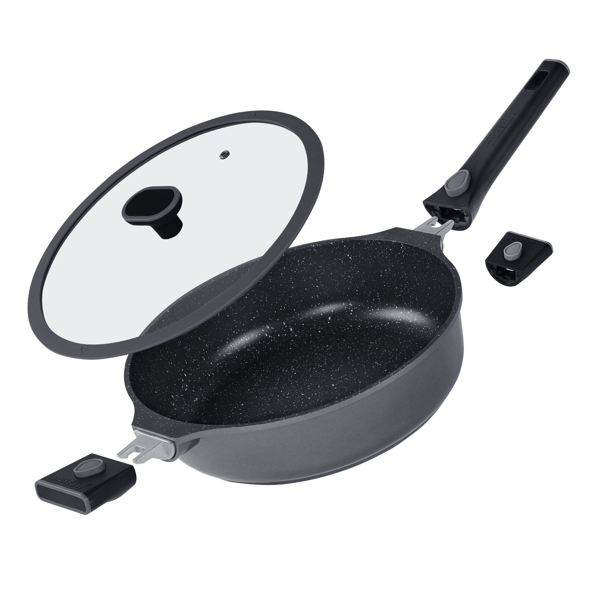 STONELINE Schmorpfanne 28cm, mit Glasdeckel, mit abnehmbaren Sicherheitsgriffen, Aluminium (2-tlg), mit echten Steinpartikeln, induktionsgeeignet, Designed in Germany