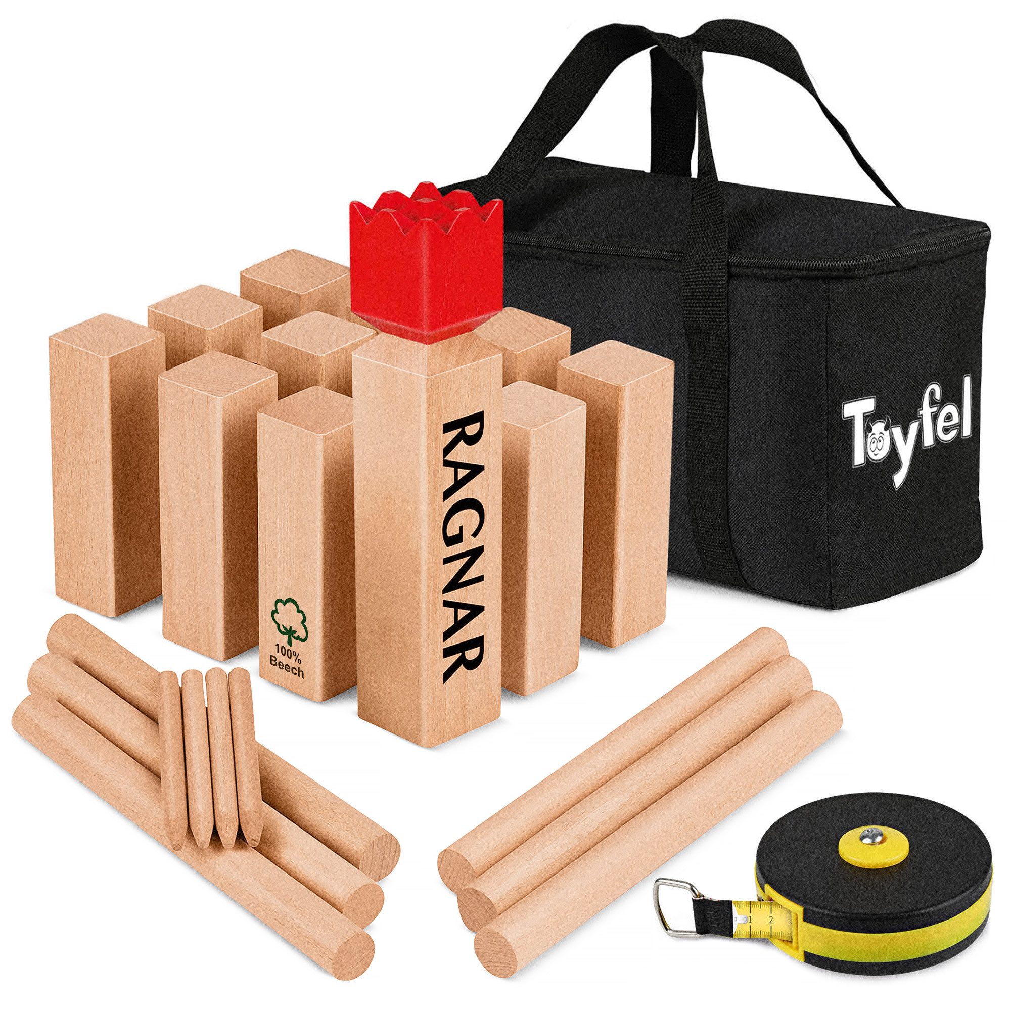 Toyfel Spiel Schwedenschach XXL Kubb Spiel aus Massivholz Geschicklichkeitsspiel, Outdoor Spiel mit Tragetasche & Bandmaß Wurf Schach