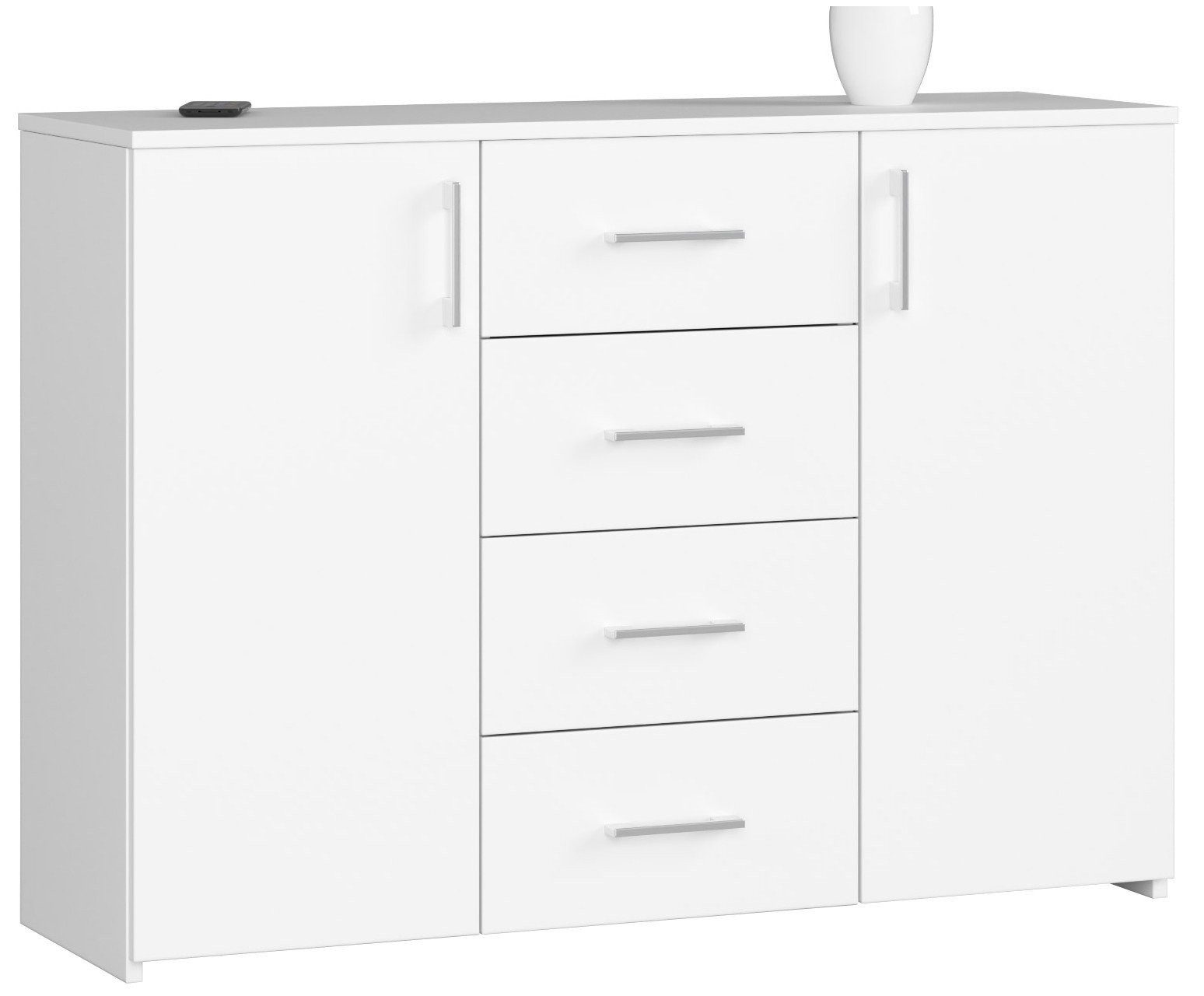 Raumhirsch Furniture Kommode mit 4 Schubladen, zwei Schranktüren, 110 cm breit Holz Schrank, Highboard / Kommode 110 cm, Sideboard Organizer für jeden Raum