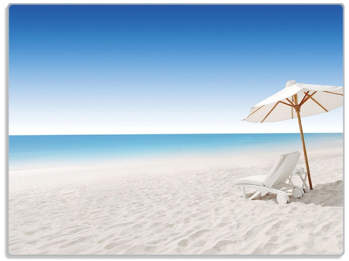 Himmel, (inkl. am 30x40cm blauem Sonnenliege Schneidebrett Gummifüße Wallario unter ESG-Sicherheitsglas, weißen rutschfester 4mm, 1-St), Strand