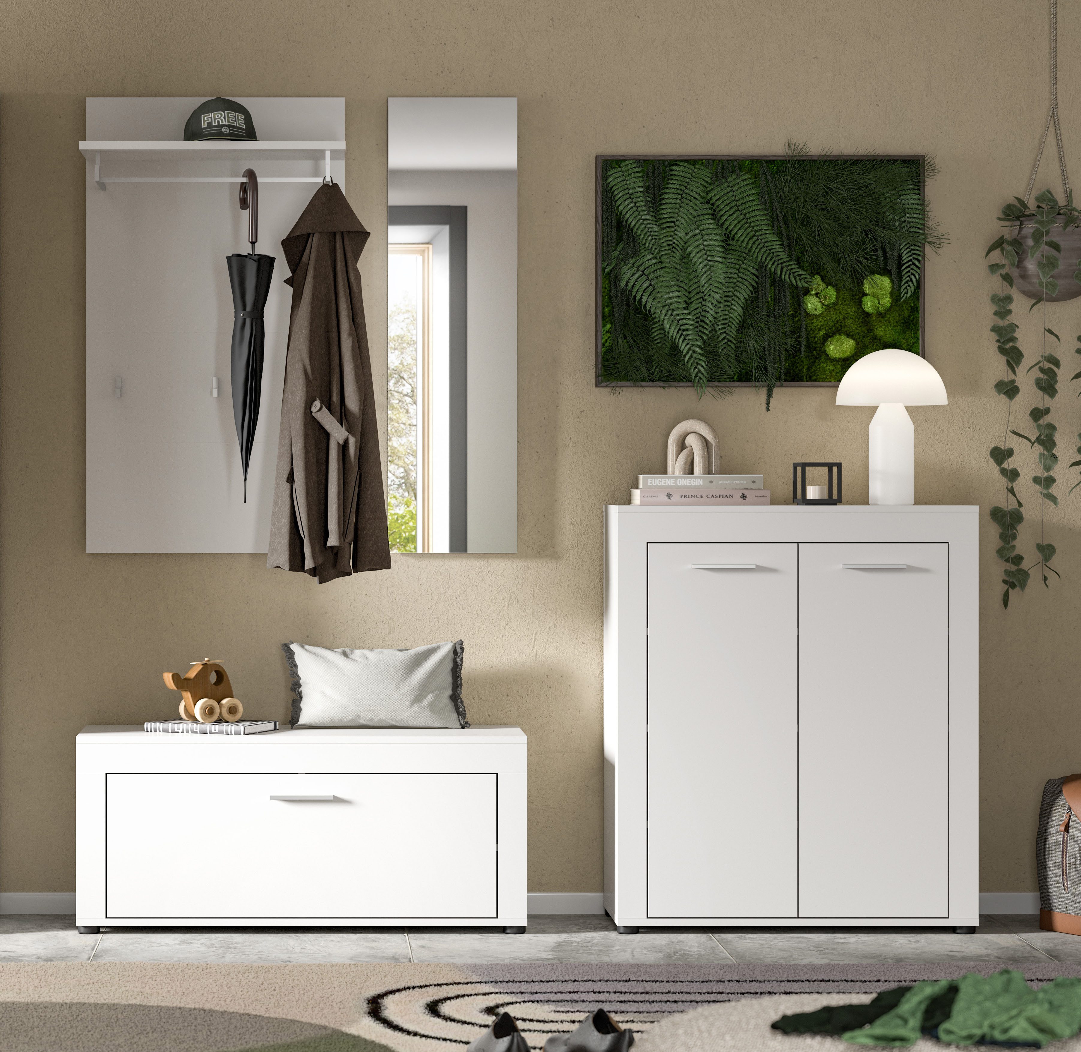 OTTO home Garderoben-Set AOSTA, Breite 200cm, 4-teilige Garderobenkombination, (Set, 4-St., bestehend aus: Sitzbank, Paneel, Spiegel & Kommode), Flurkombination, Kombination, Garderobe, Dielen-Set, Garderobenmöbel