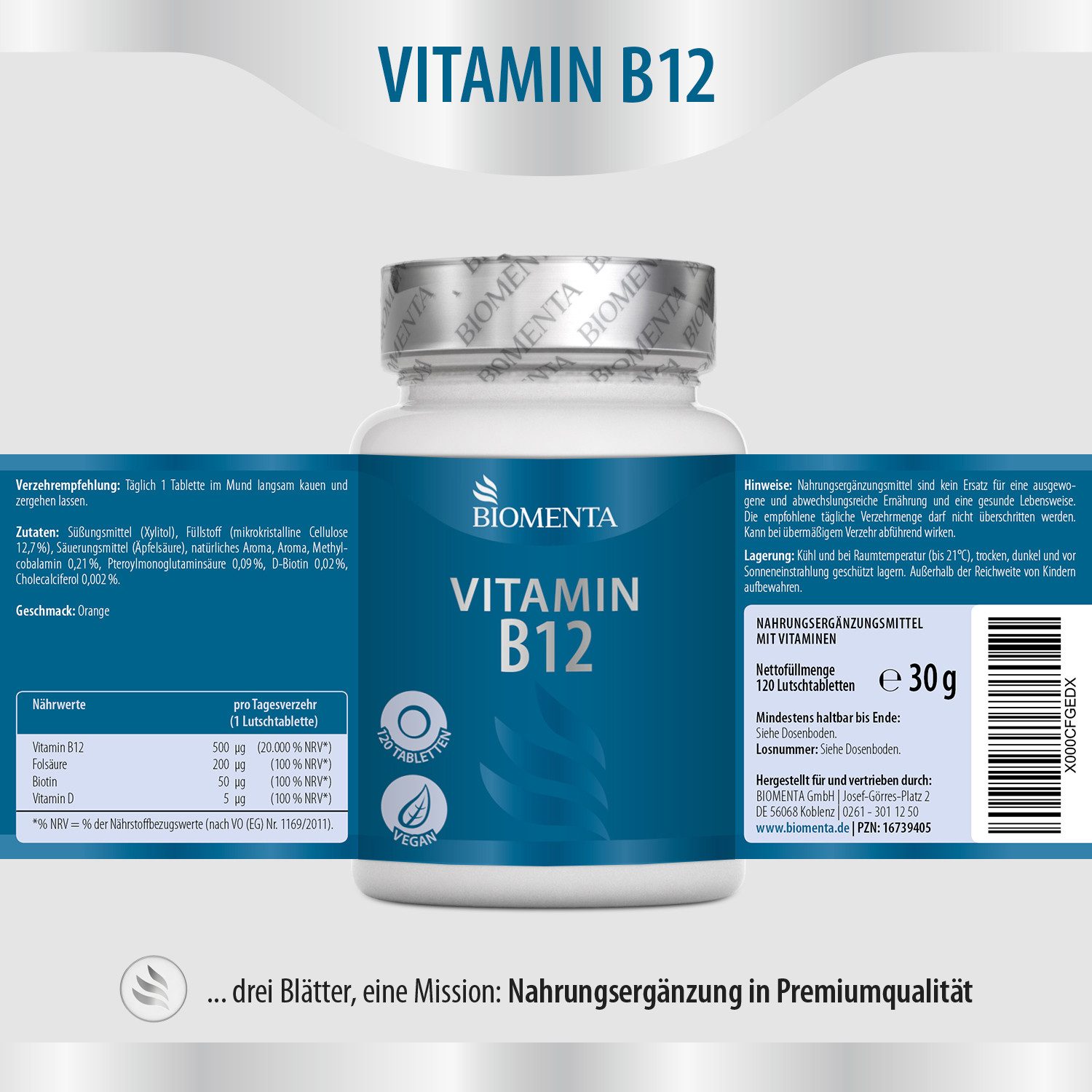 BIOMENTA Vitamin B12 Komplex - 120 vegane VitaminB 12 Lutschtabletten Tablette, 120 St., 30 g