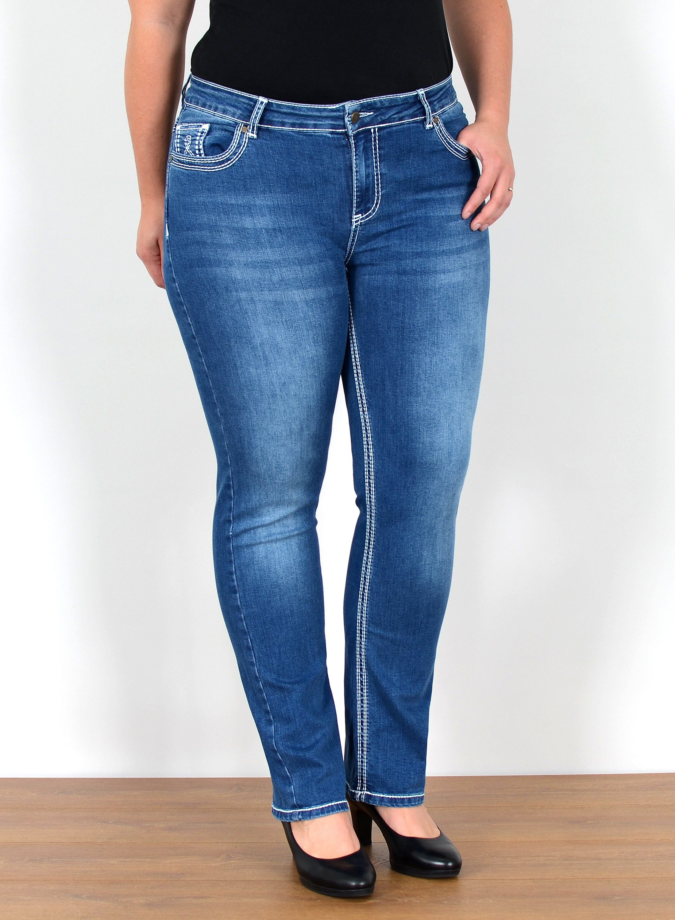 ESRA StraightJeans FG11 Straight Fit Jeans Damen High Waist Hose mit weißer Naht bis Plus Size
