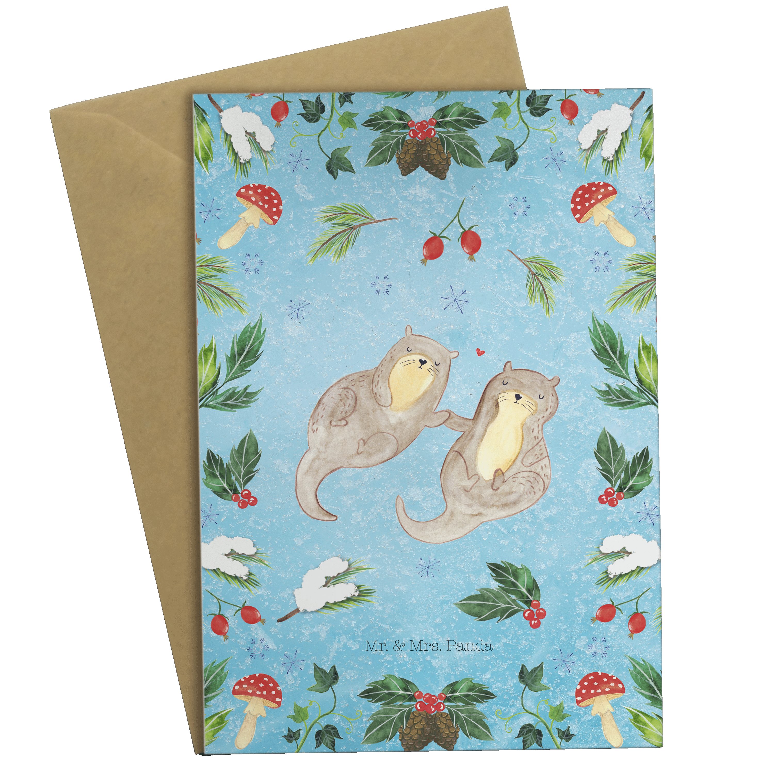 Mr. & Mrs. Panda Grußkarte Otter Glühweinstand - Eisblau - Geschenk, Klappkarte, Hochzeitskarte