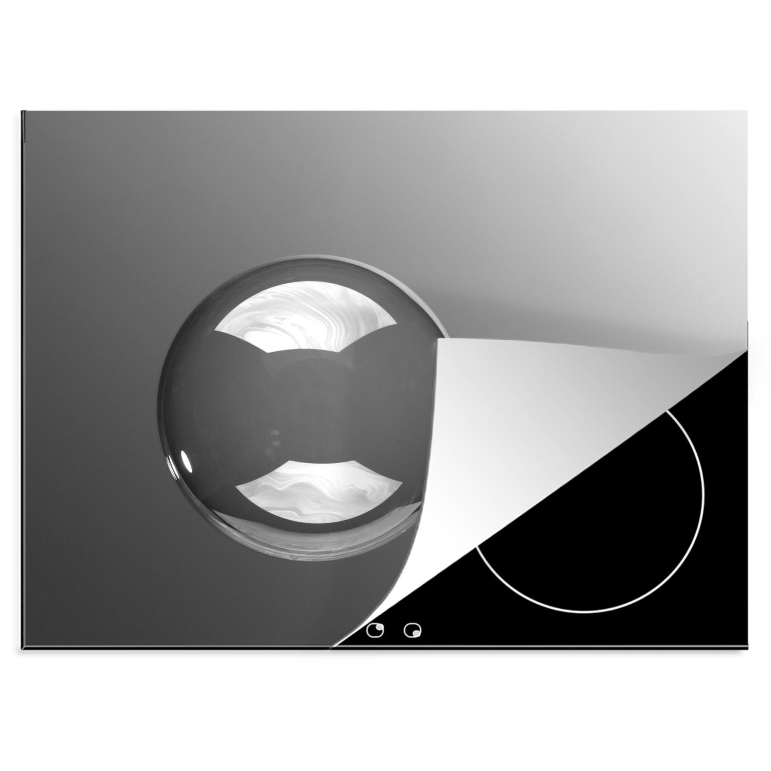 MuchoWow Herdblende-/Abdeckplatte Luftblase fliegt durch die Luft - schwarz und weiß, Vinyl, (1 tlg), 70x52 cm, Mobile Arbeitsfläche nutzbar, Ceranfeldabdeckung