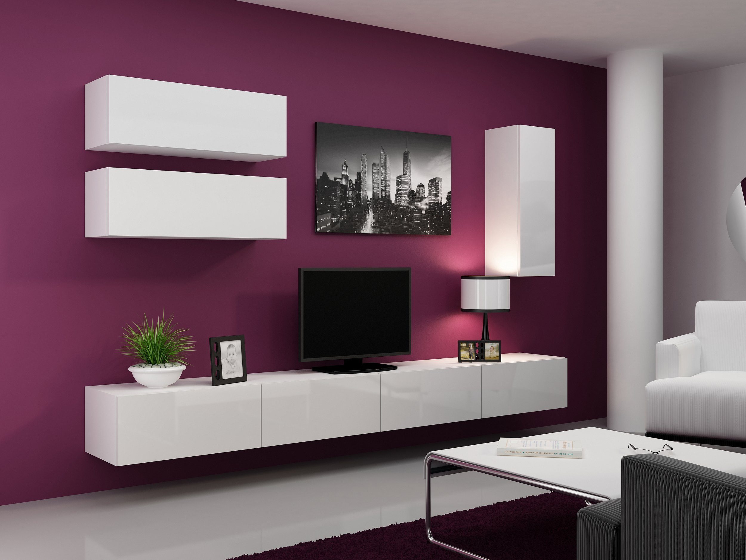 Stylefy Wohnwand Vago XIII, (Set (5-St), Wohnmöbel, Wohnzimmer-Set), bestehend aus 2xLowboard und 3xHängeschrank, Hochglanzfronten, mit Push-to-Open, Modern Design Weiß/Weiß Hochglanz