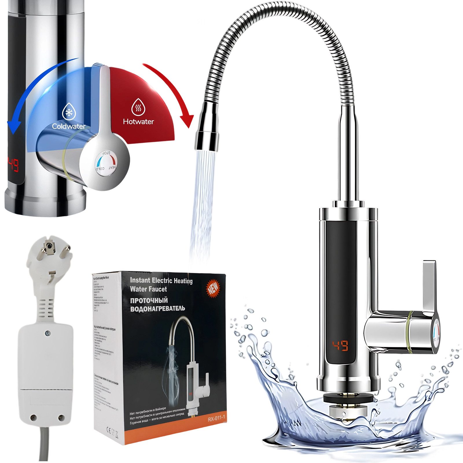 AKKEE Küchenarmatur Elektrischer Wasserhahn mit Durchlauferhitzer 360° Drehbarer LED Edelstahl Wasserhahn Küche LED Temperaturanzeige, Schnelles Aufheizen
