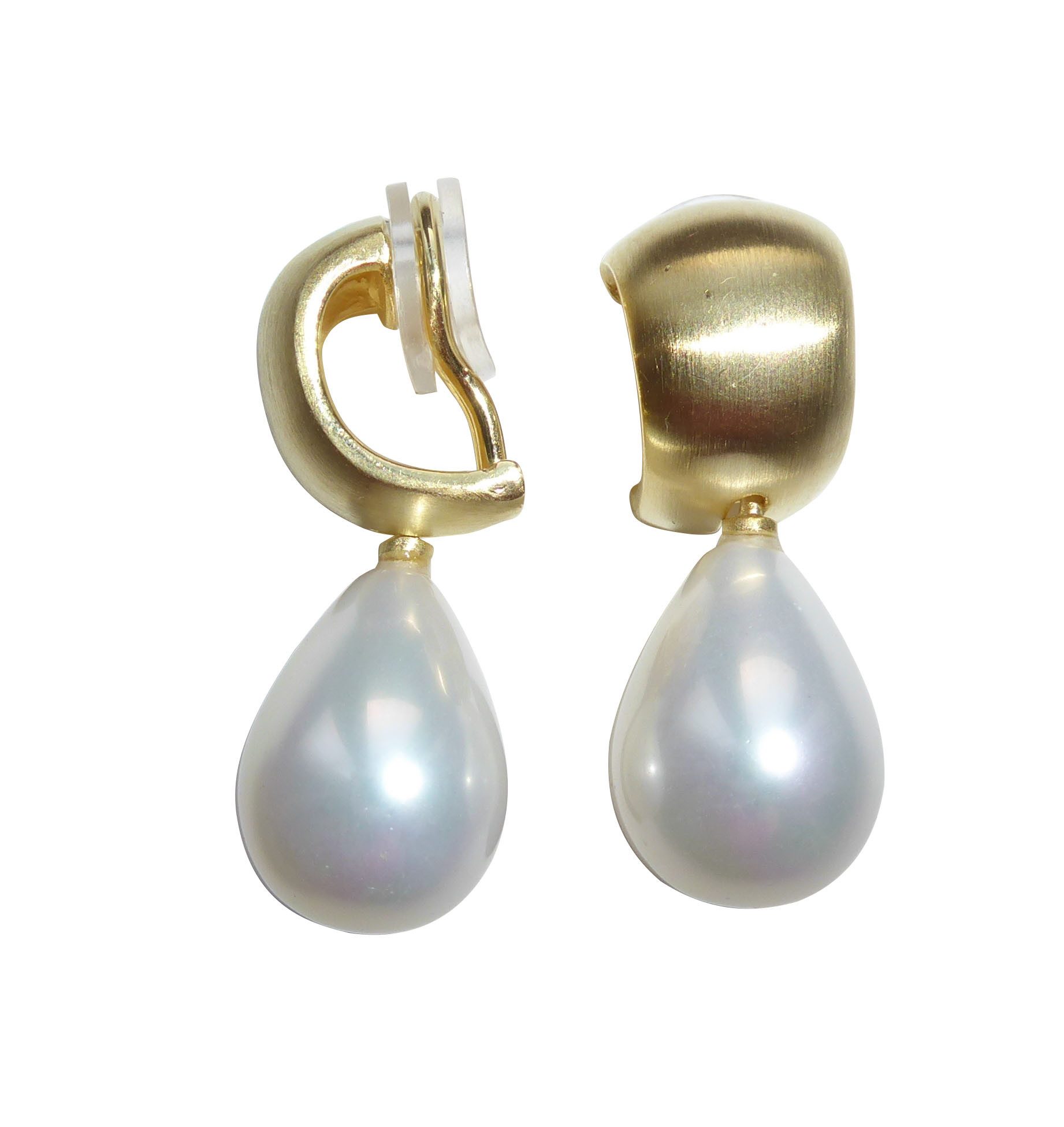 Mugello Paar Ohrclips Goccia Muschelkern Clips Creole weiß gold-platt. hochwertig, Perlenschmuck für Frauen, Creole Goldschmiedearbeit aus Deutschland