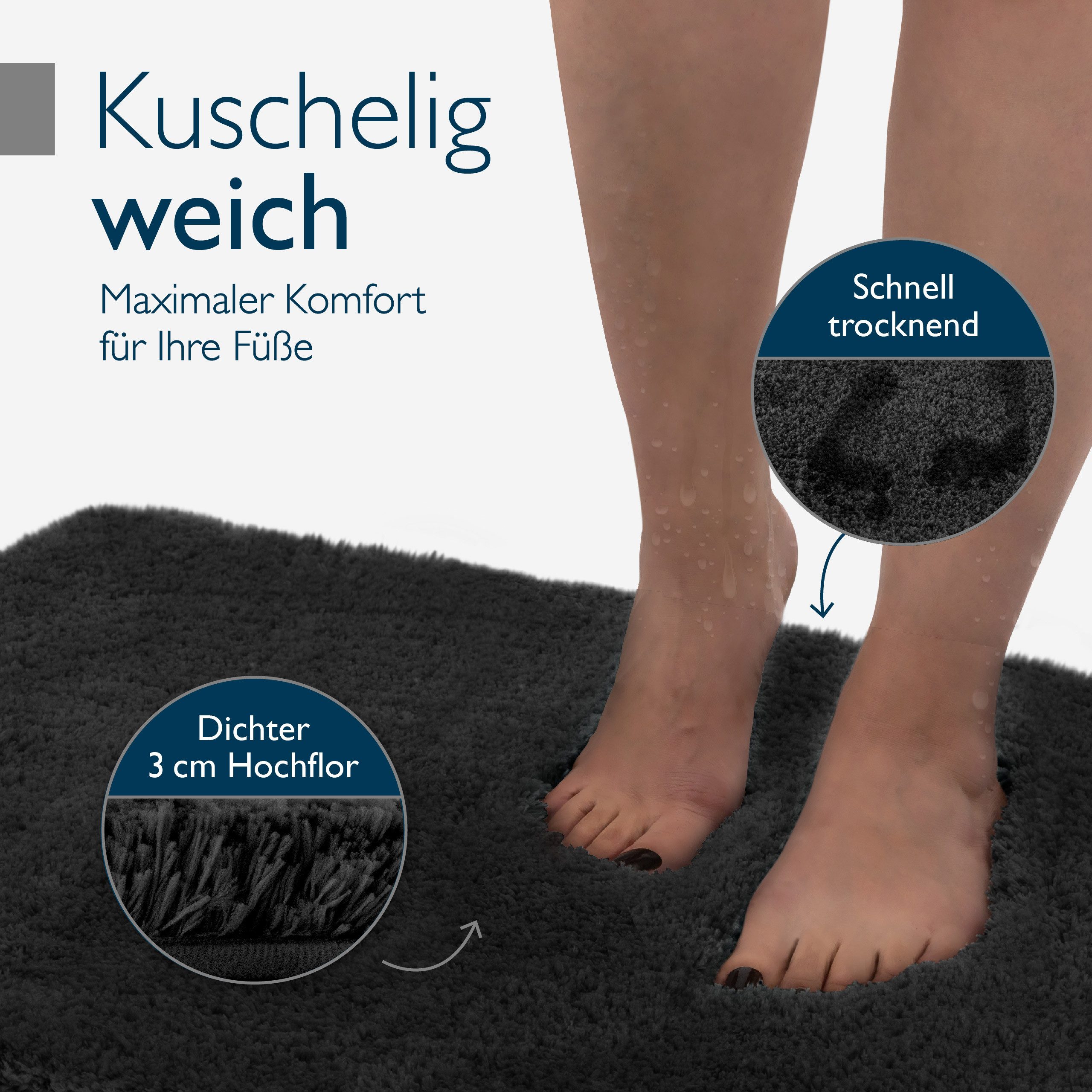 Beautissu Badematte Badematte rutschfest BeauMare FL, 60x50cm, Schwarz, Höhe 30 mm, Polyester, 60x50 cm Duschvorleger Hochflor Badteppich rutschfest Waschbar Sh – Bild 3 von 5