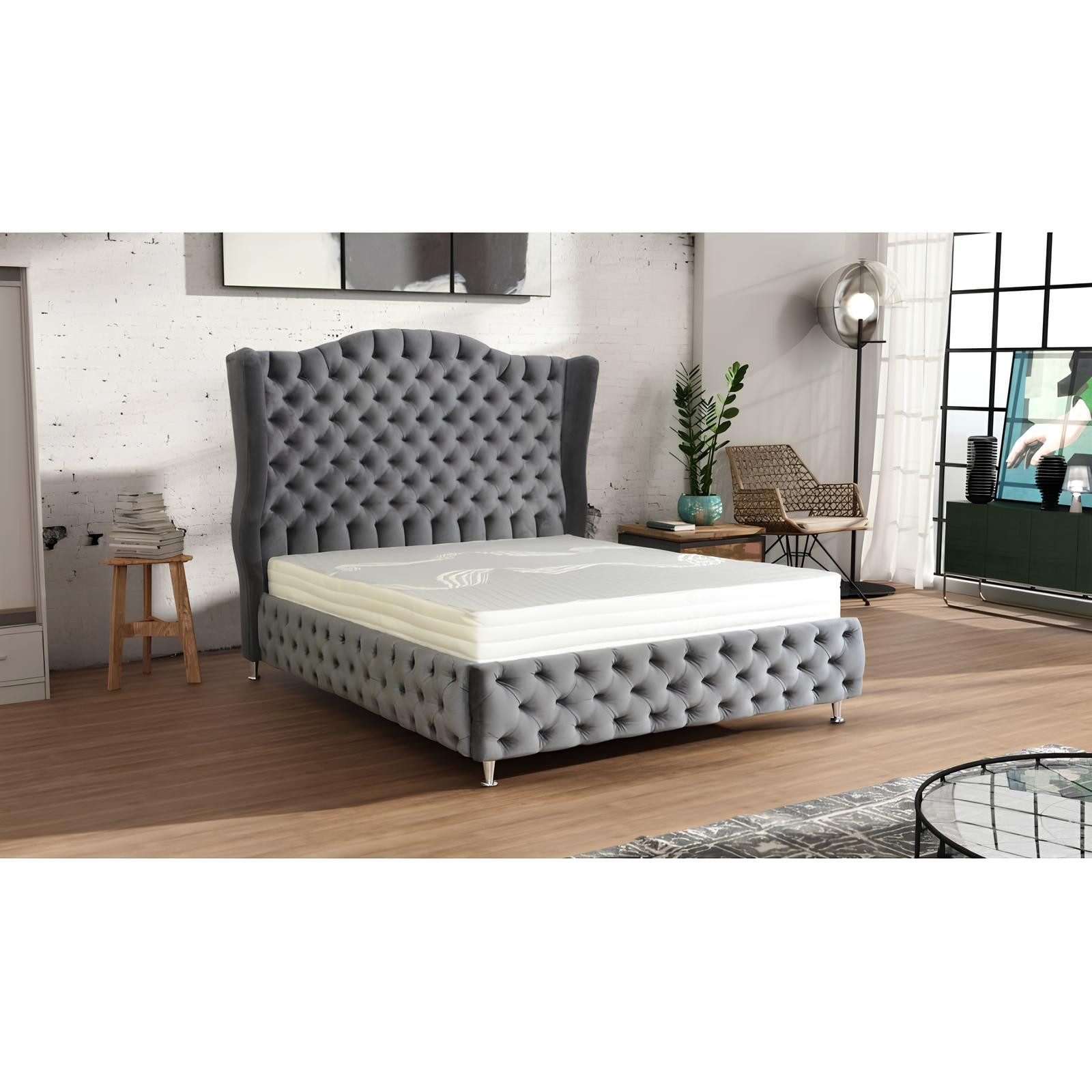 JVmoebel Polsterbett Elegantes Chesterfield Doppelbett in grauem Samtstoff, Made in Europa