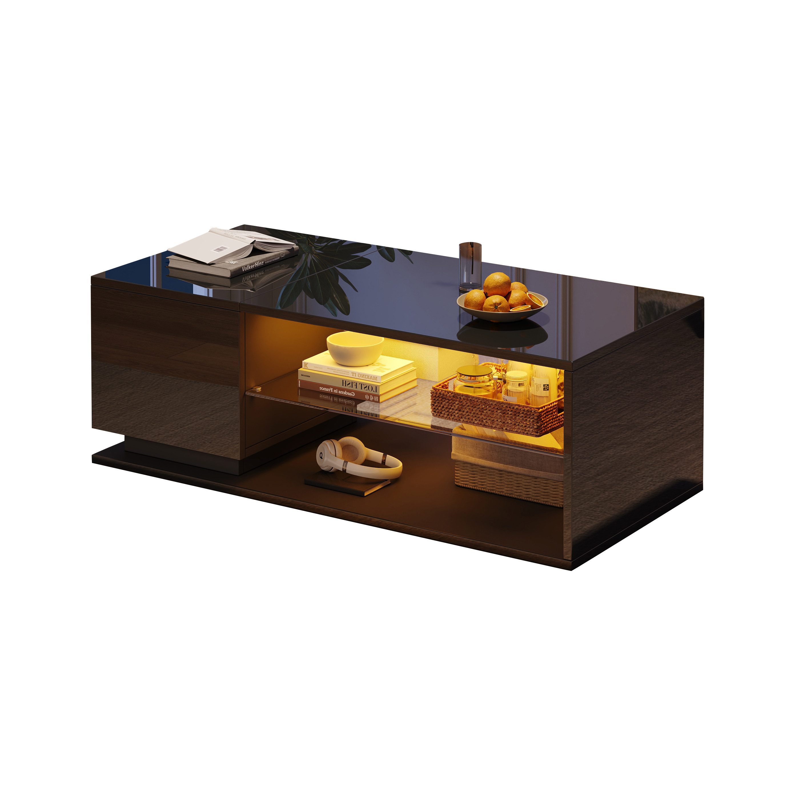 Fanttik Couchtisch Hochglanz Couchtisch, LED-Lichtleiste, Kaffeetisch mit Stauraum (1Tisch)