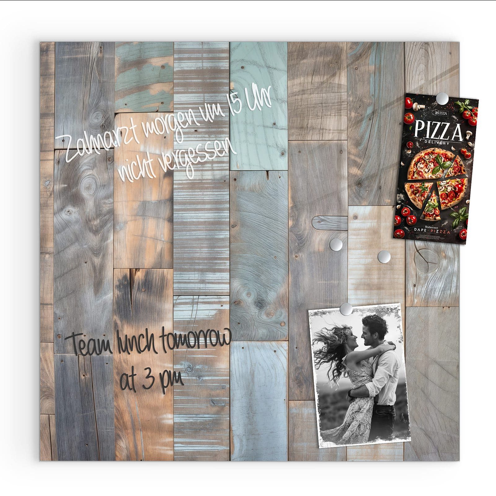 Primedeco Magnettafel Glas Holzplanken Vintage Pinnwand Whiteboard beschreibbar, (Inklusive Stift, Magnete und Montagematerial, 1-tlg., 9 verschiedene Größen), Magnetisch und Beschreibbar