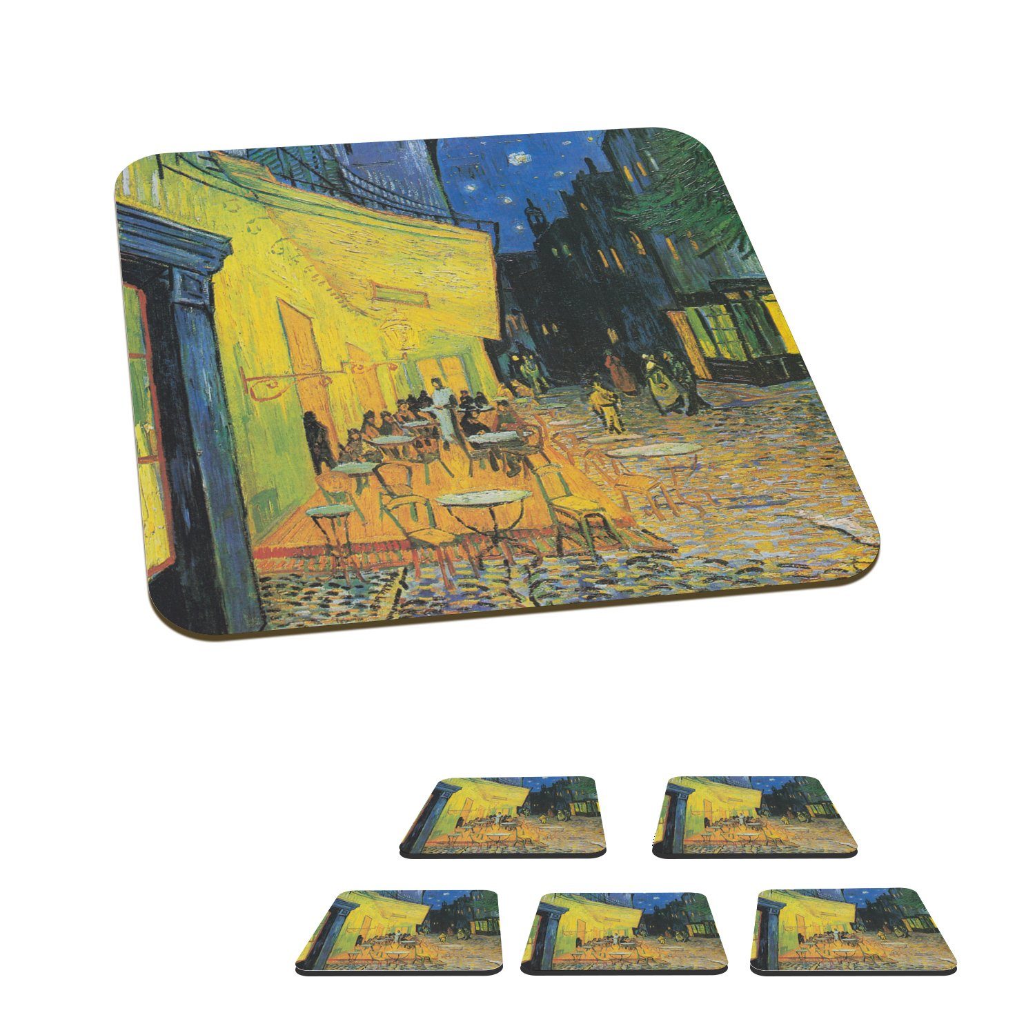 MuchoWow Glasuntersetzer Caféterrasse bei Nacht - Vincent van Gogh, Zubehör für Gläser, 6-tlg., Glasuntersetzer, Tischuntersetzer, Korkuntersetzer, Untersetzer, Tasse