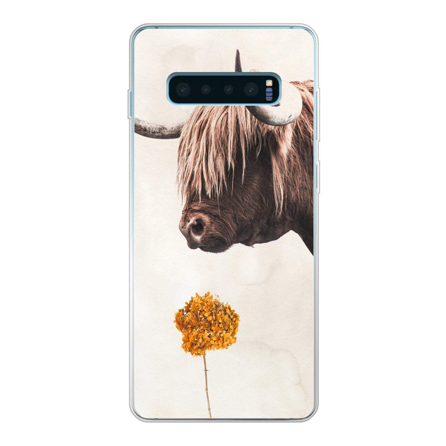 MuchoWow Handyhülle für Samsung Galaxy S10 Plus Schottischer Highlander - Vintage - Blume, Phone Case, Silikon, Schutzhülle Dünn