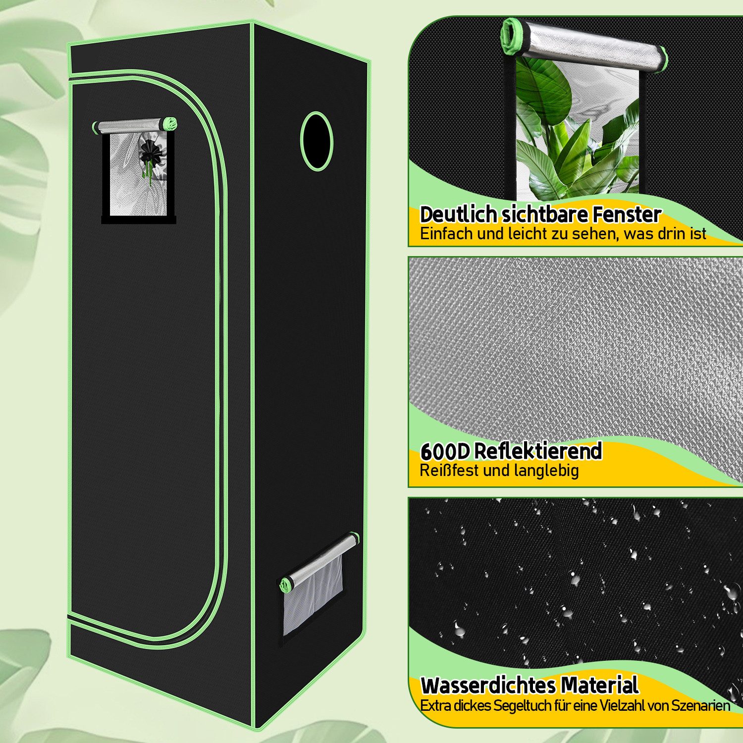 Clanmacy Anlehngewächshaus Growbox Anbau Zelt Growzelt Gewächszelt Zuchtschrank Indoor Grow Tent, BxTxH: 60 x 60 x 180,00 cm