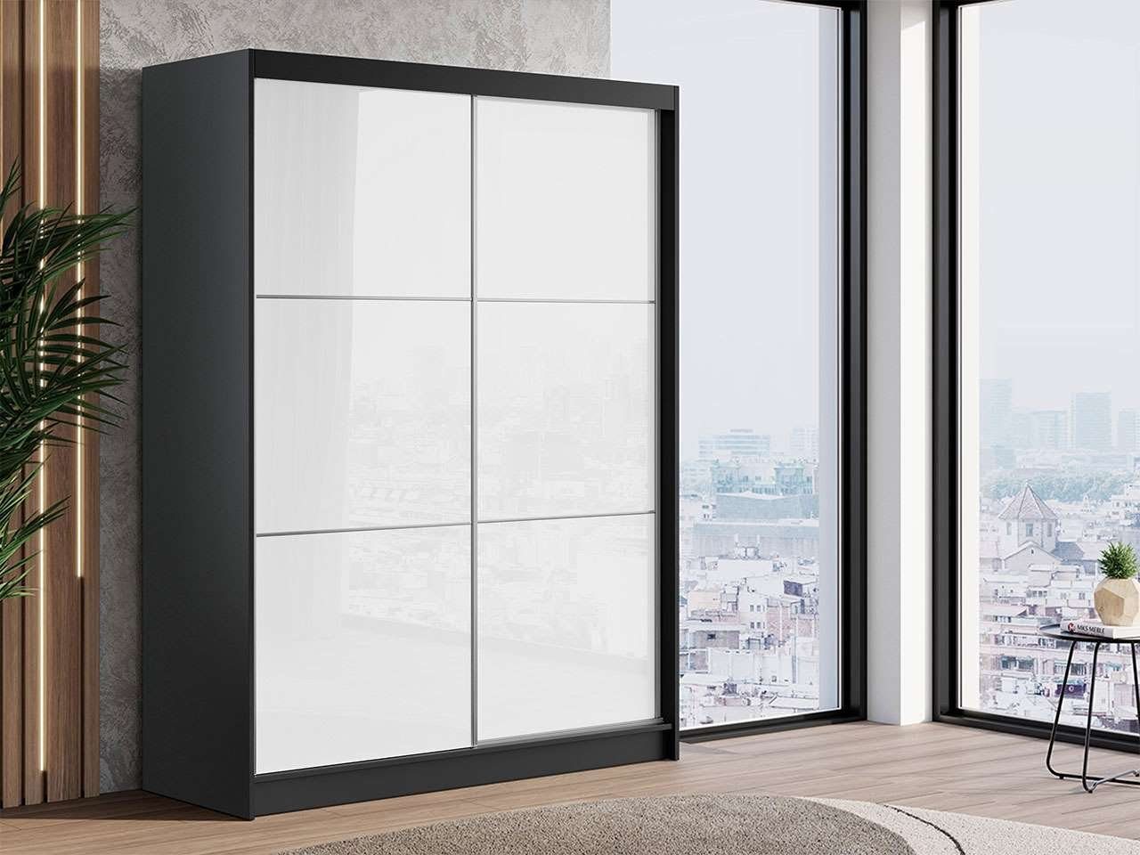 MKS MÖBEL Kleiderschrank VALENCIA Schwebetüren mit Lacobel-Glas, Schwebetürschrank 160 cm, Schwarz Korpus Weiss