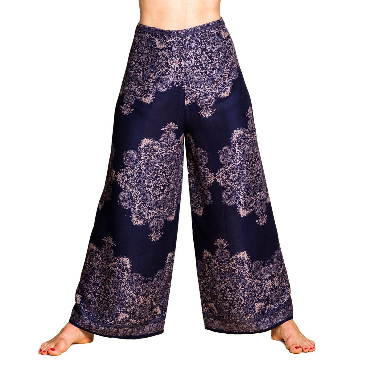 PANASIAM Stoffhose Sunshine Pants Wickelhose aus natürlicher Viskose Palazzohose im Peacock Design langer Boho Hosenrock Haremshose Pareo Hose V2-violett