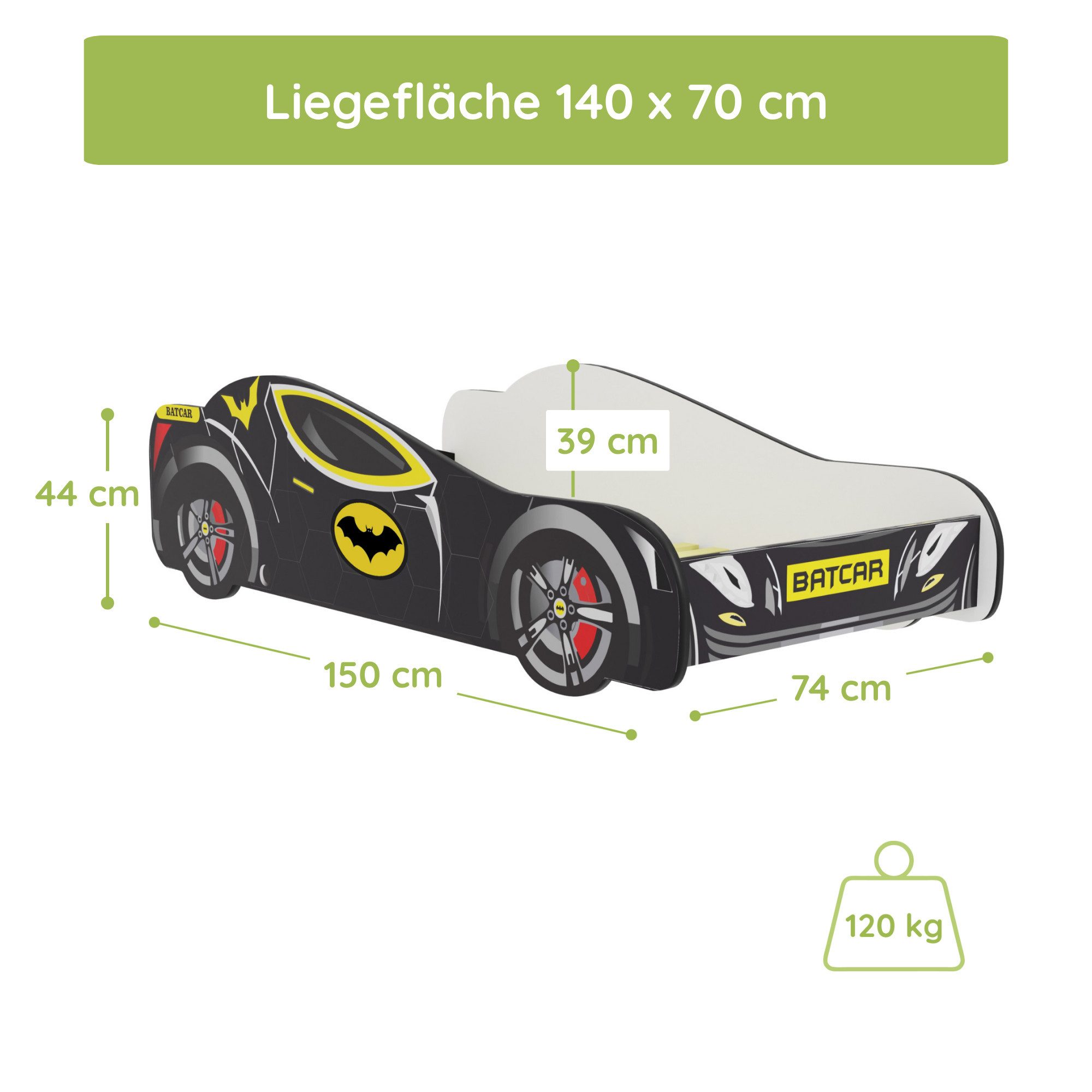 Kids Collective Autobett 70x140 / 80x160 cm Kinderbett Jugendbett mit Rausfallschutz (Spielbett Batman Batmobil Bat Car Auto, Spielbett Batman Batmobil Bat Car Auto), Kinderbett 70x140 cm mit Lattenrost - für Kinder ab 2 Jahren