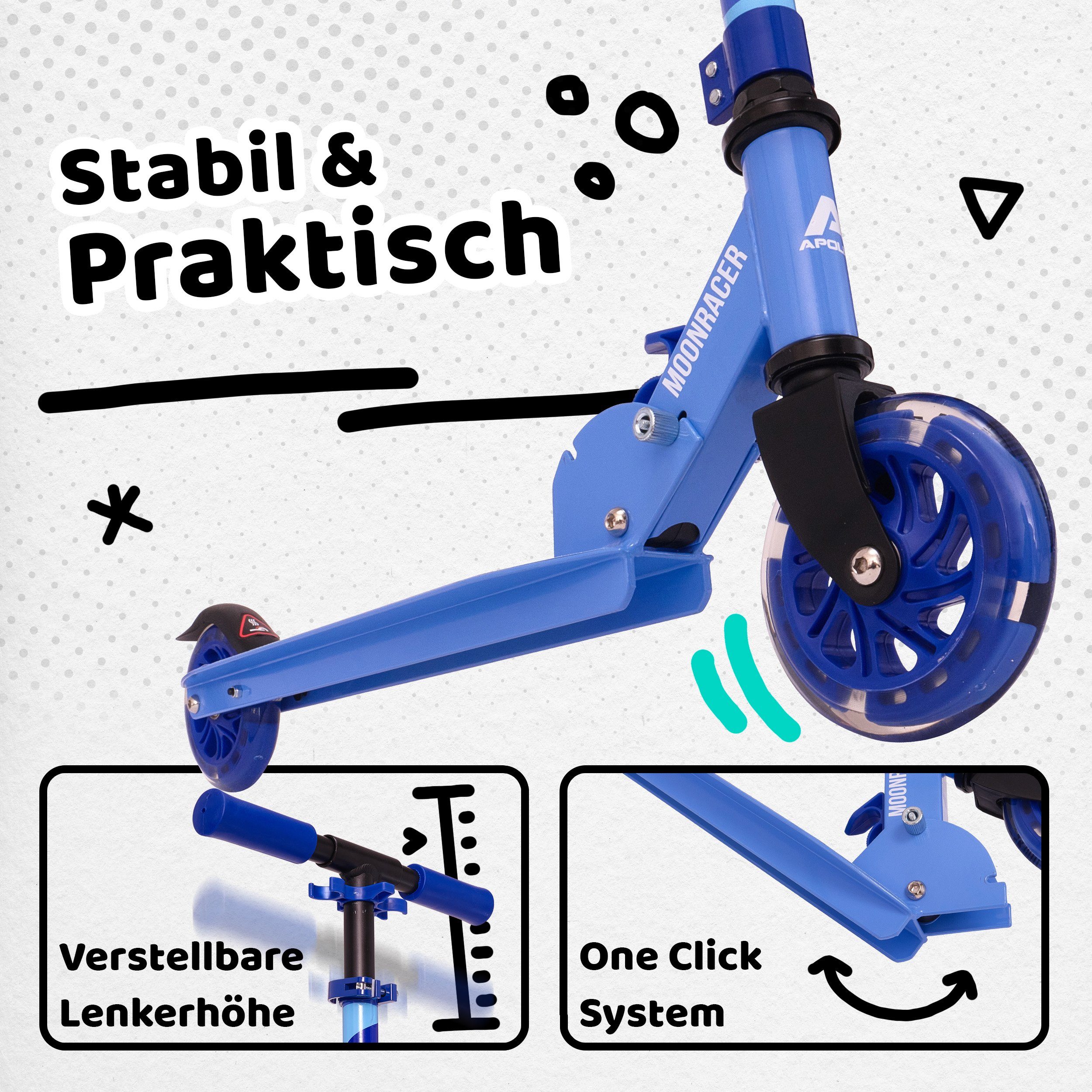 Apollo Cityroller LED City Scooter Moonracer für Kinder - 125 mm Tretroller, Kinderroller ab 4 Jahre klappbar und höhenverstellbar