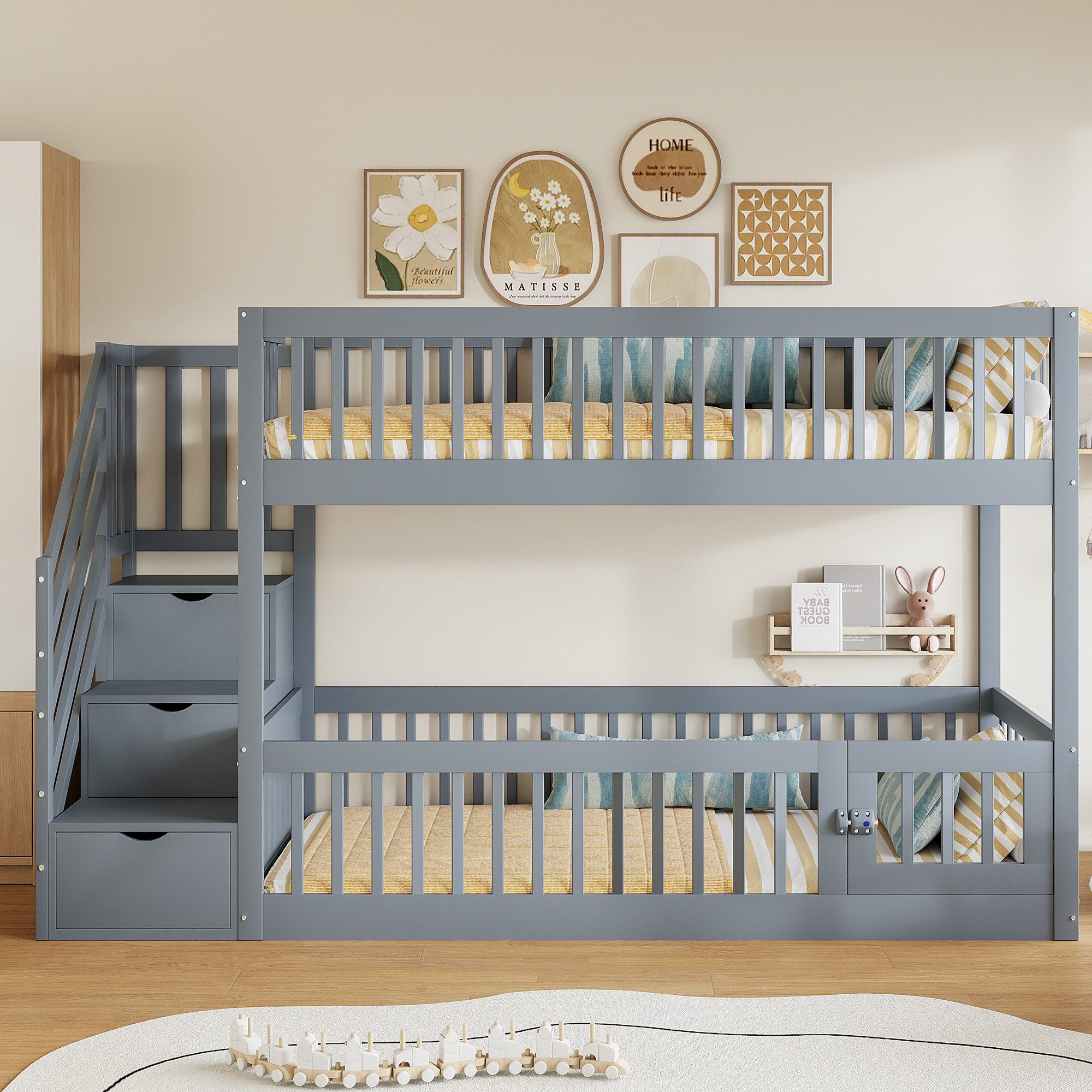 Flieks Etagenbett, Kinderbett 90x200cm mit Stauraumtreppe und oberem Lattenrost